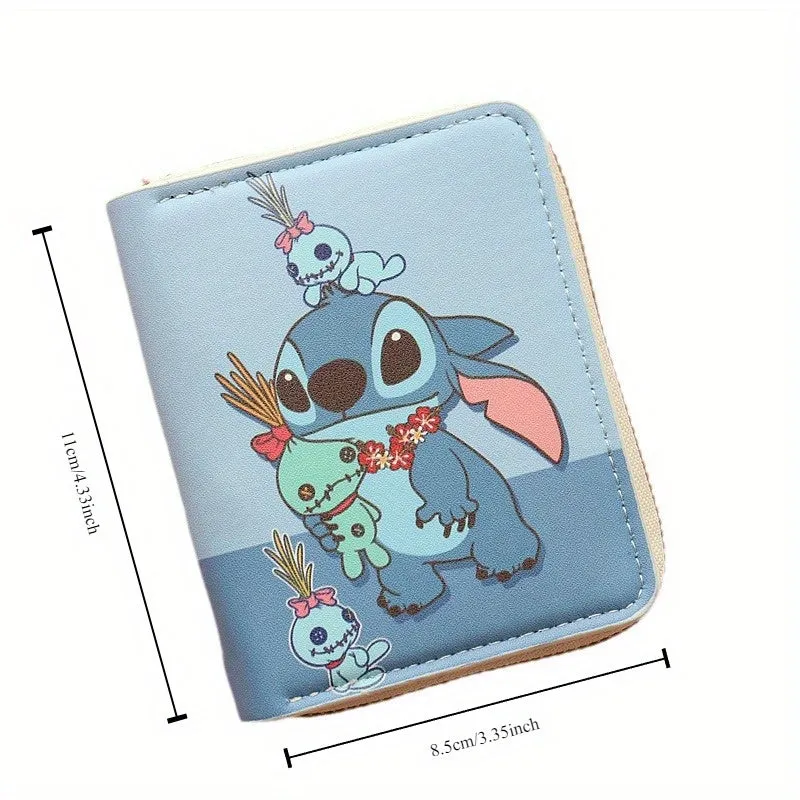 Disney Stitch Enchanting Wallet - Compact Zip-Up Coin Purse with Colorful Cartoon Print, Mini PU Leather Card Holder for Disney Fans