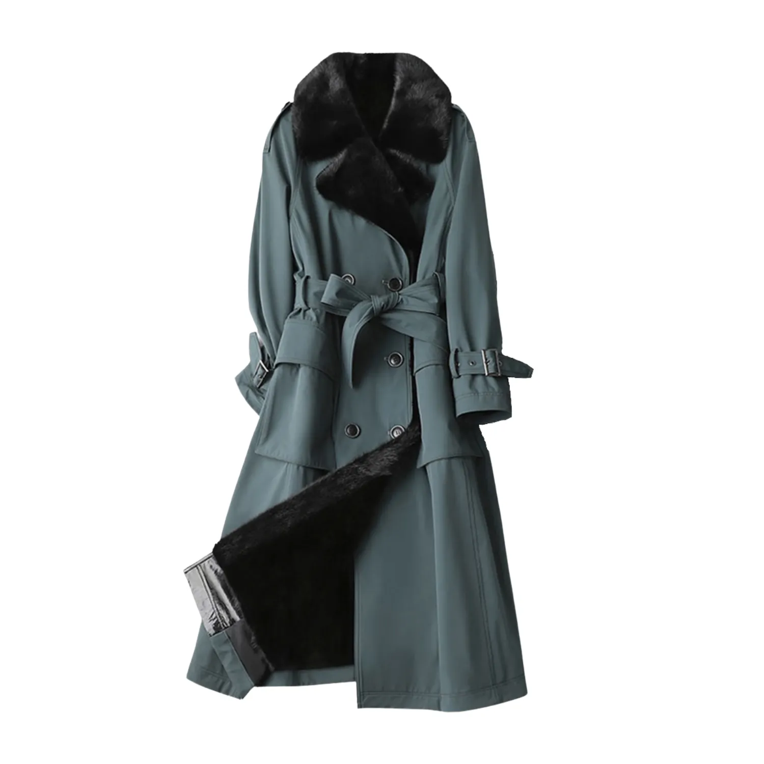 Double Breated Trench Coat With Faux Fur - Military Marine and Black