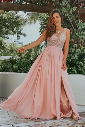 Dusty Pink Sequin Top Maxi Dress with Side Slit