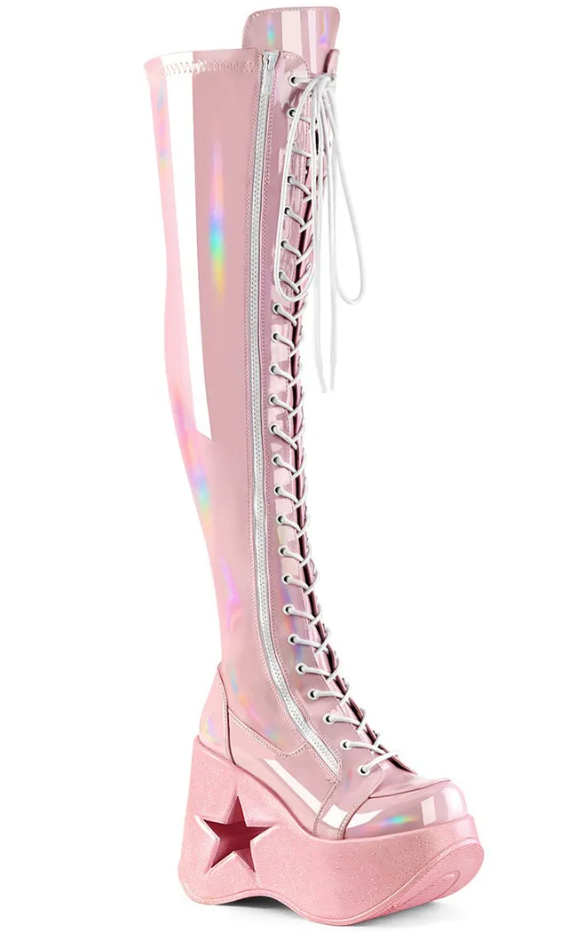 DYNAMITE-300 Baby Pink Patent Thigh High Boots