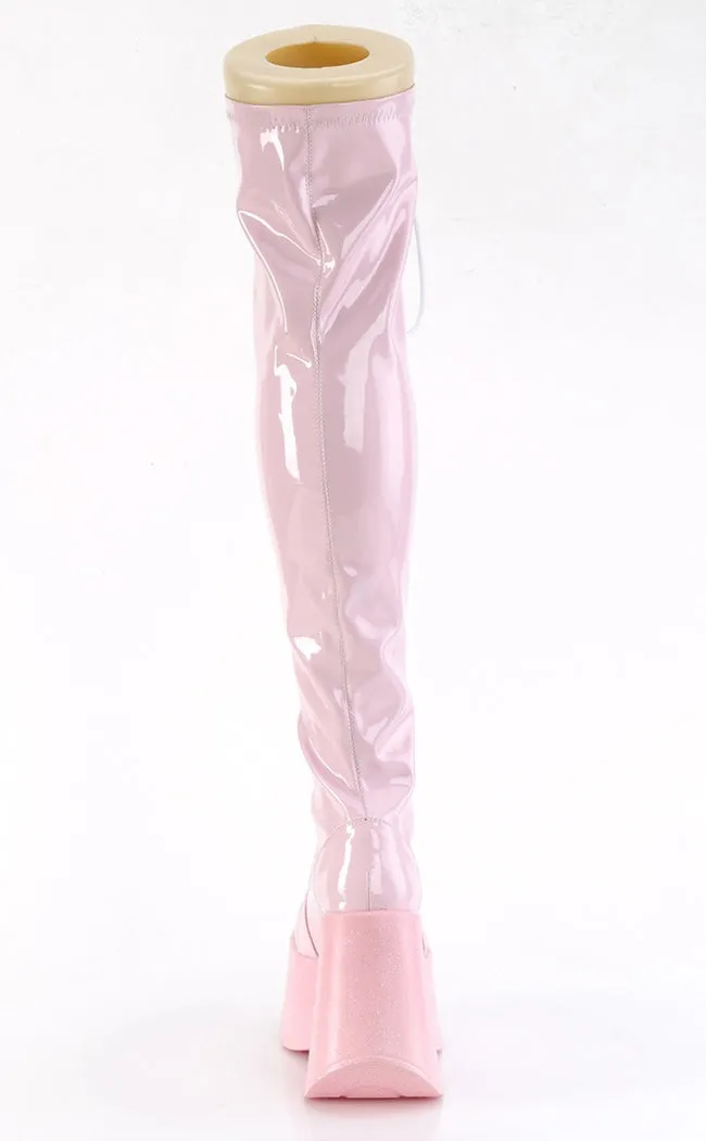 DYNAMITE-300 Baby Pink Patent Thigh High Boots