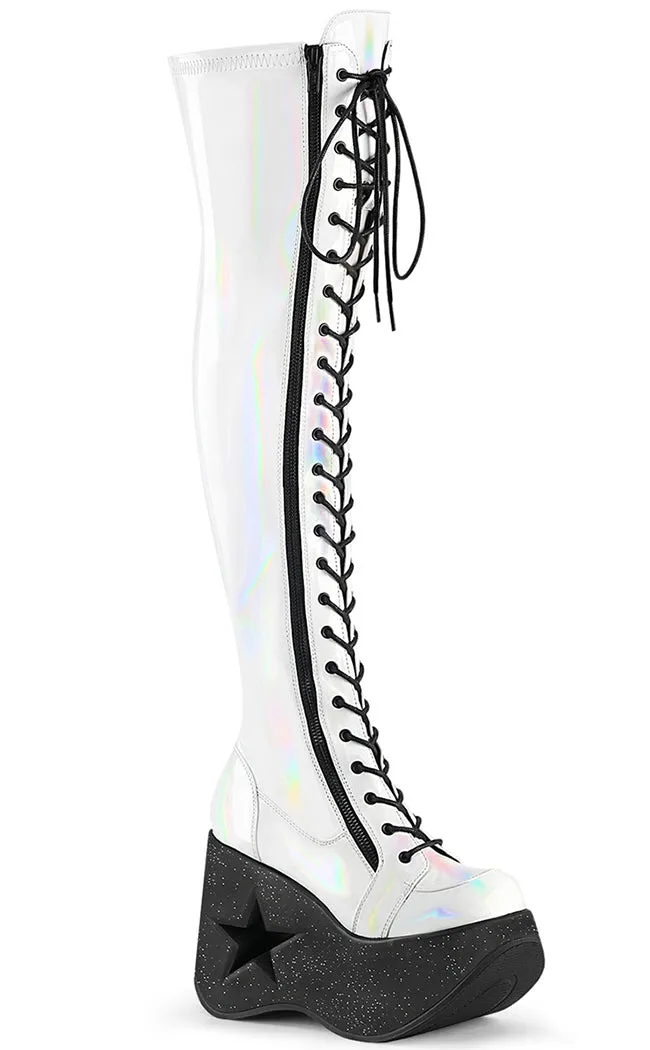 DYNAMITE-300 White Holo Thigh High Boots