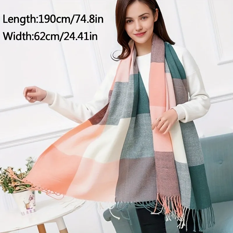 Elegant Plaid Tassel Shawl-Scarf: Chic Imitation Cashmere Warmth, Perfect for Any Winter Outing