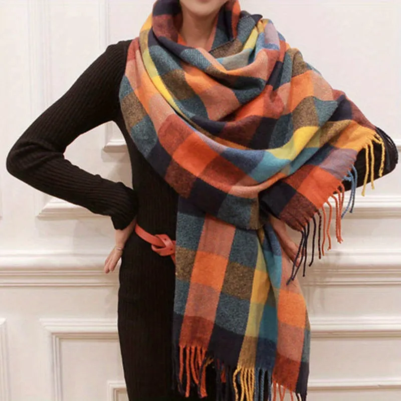 Elegant Plaid Tassel Shawl-Scarf: Chic Imitation Cashmere Warmth, Perfect for Any Winter Outing