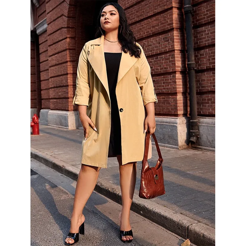 Elegant Rear Elastic Waist Single Button Rollable Sleeve Casual Straight Coat