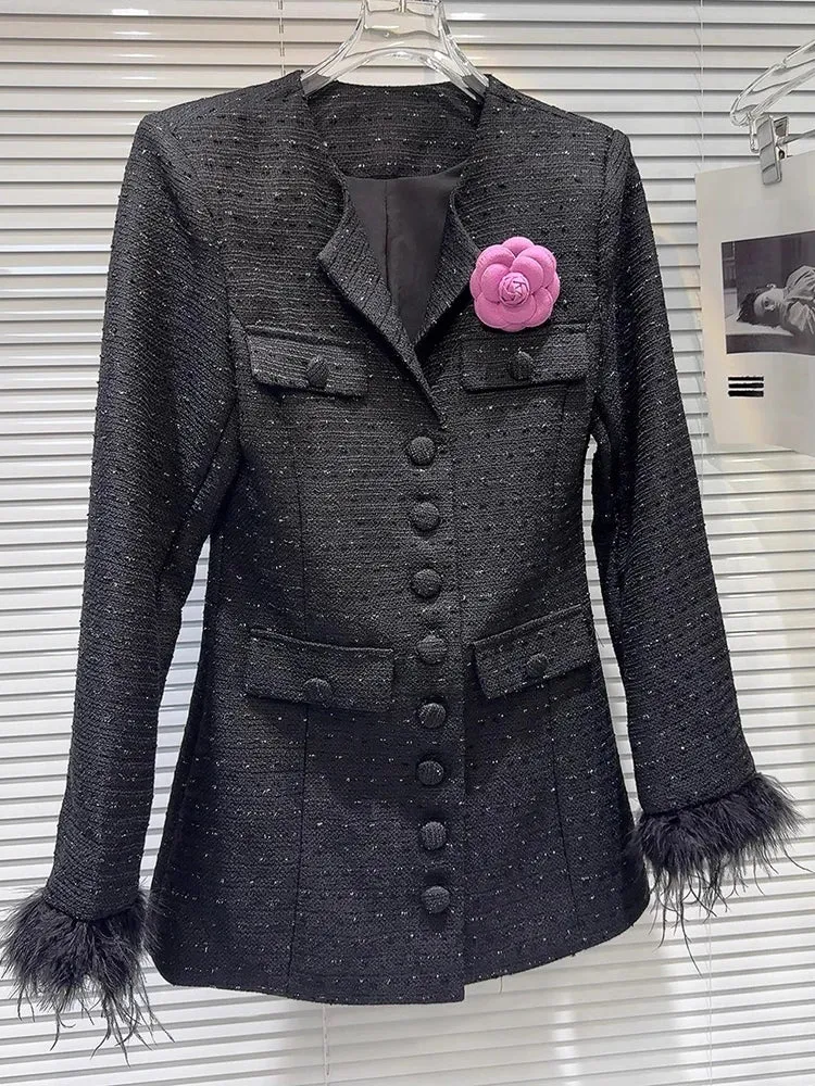 Elegant Spliced Brooch Coats For Women Lapel Long Sleeve Patchwork Single Breasted Temperament Coat Female Fashion