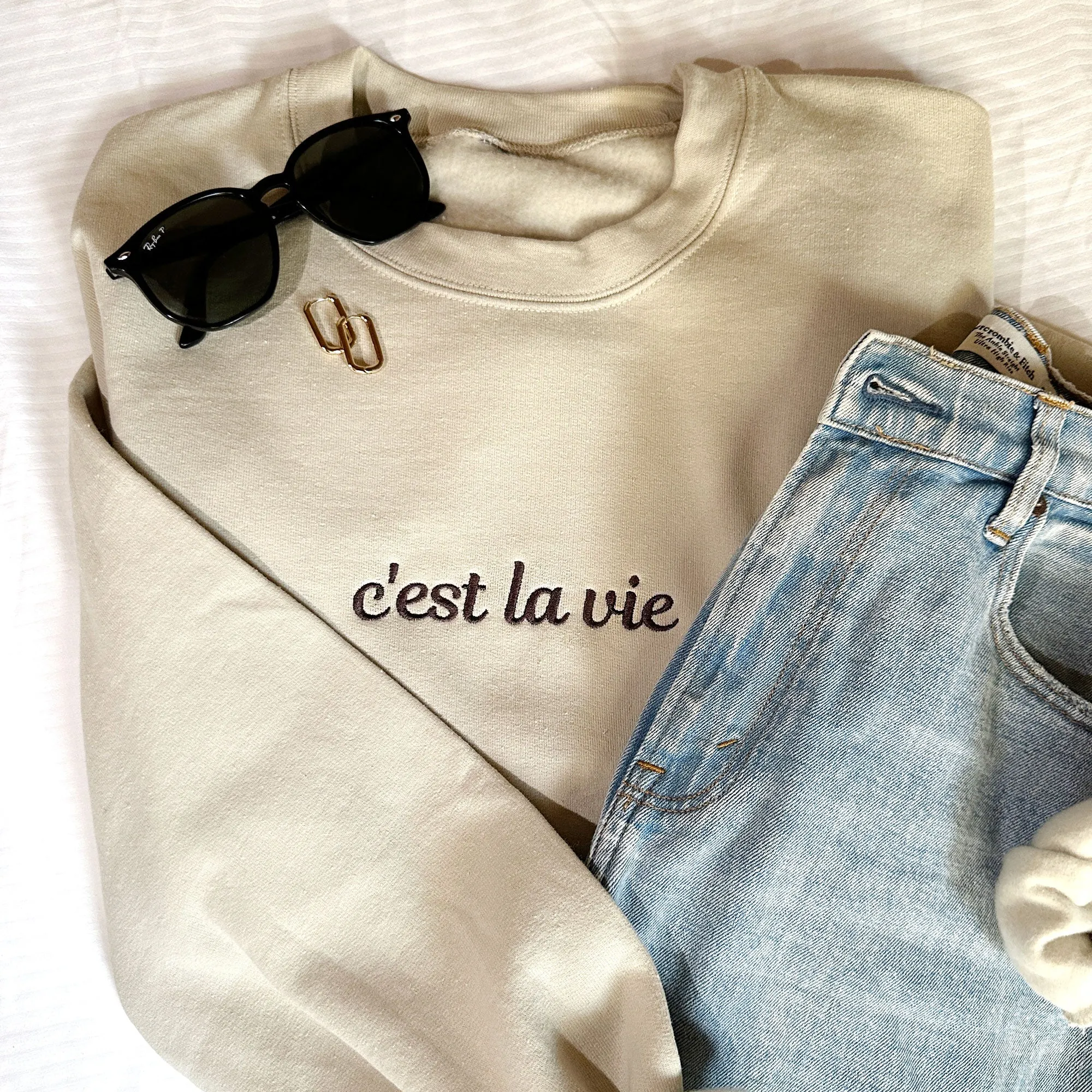 Embroidered C'est La Vie Pullover Sweatshirt | Custom Travel Sweatshirt