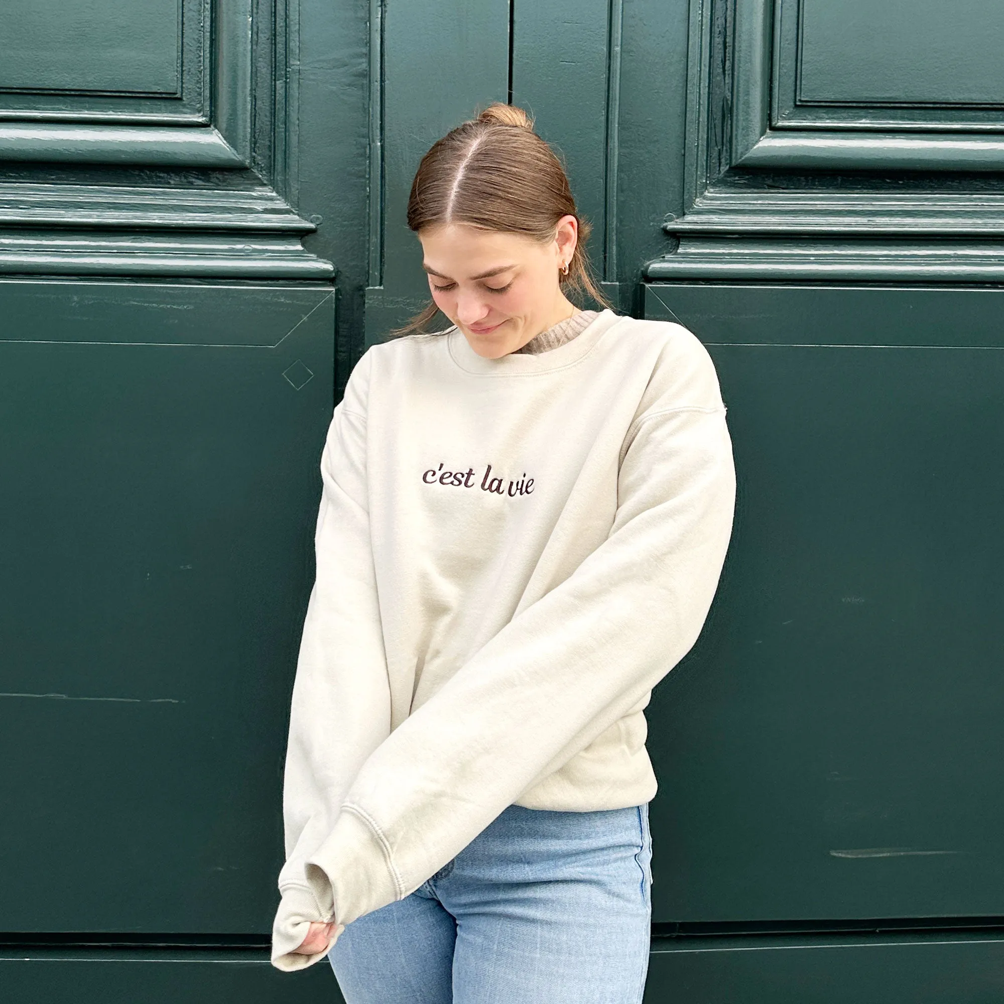 Embroidered C'est La Vie Pullover Sweatshirt | Custom Travel Sweatshirt