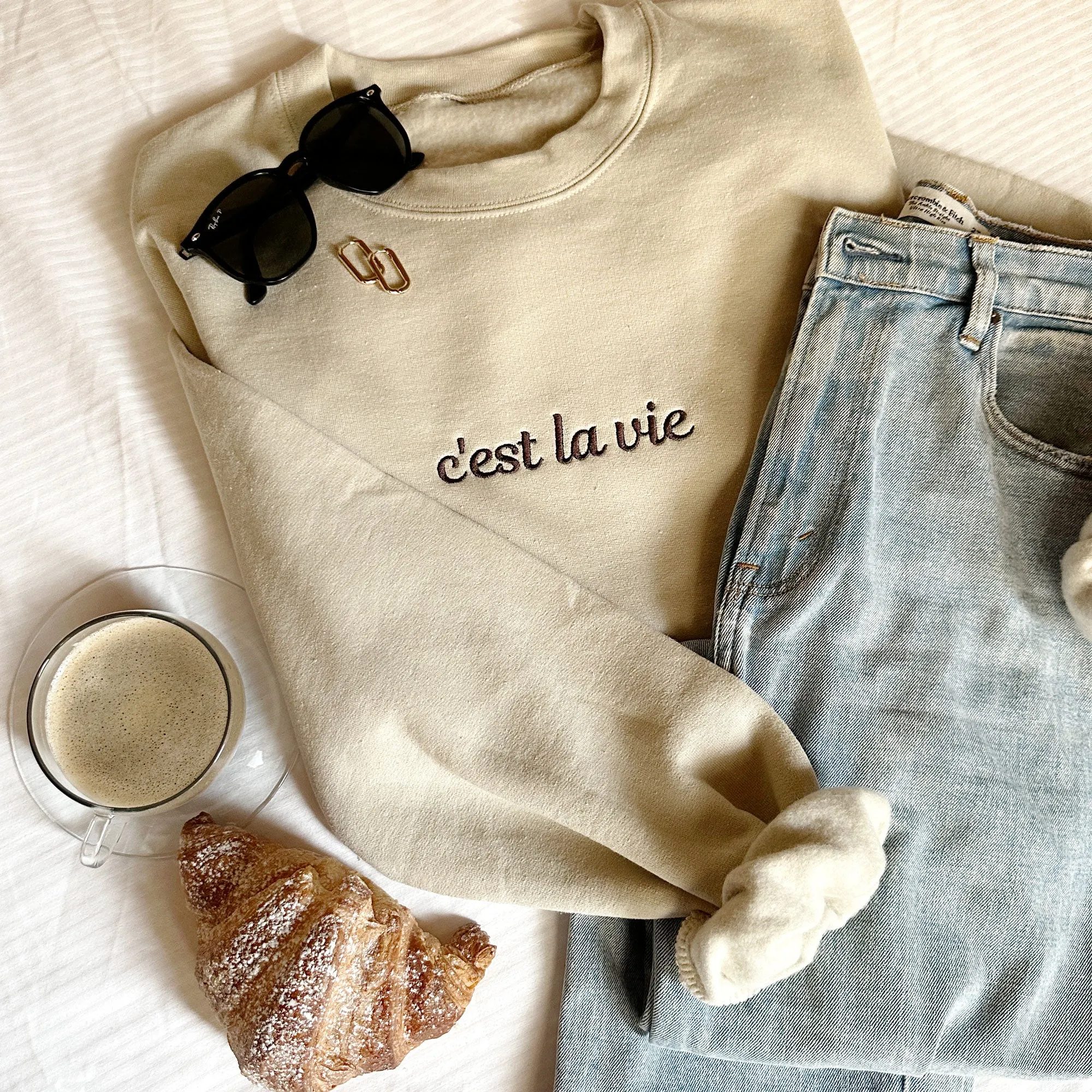 Embroidered C'est La Vie Pullover Sweatshirt | Custom Travel Sweatshirt