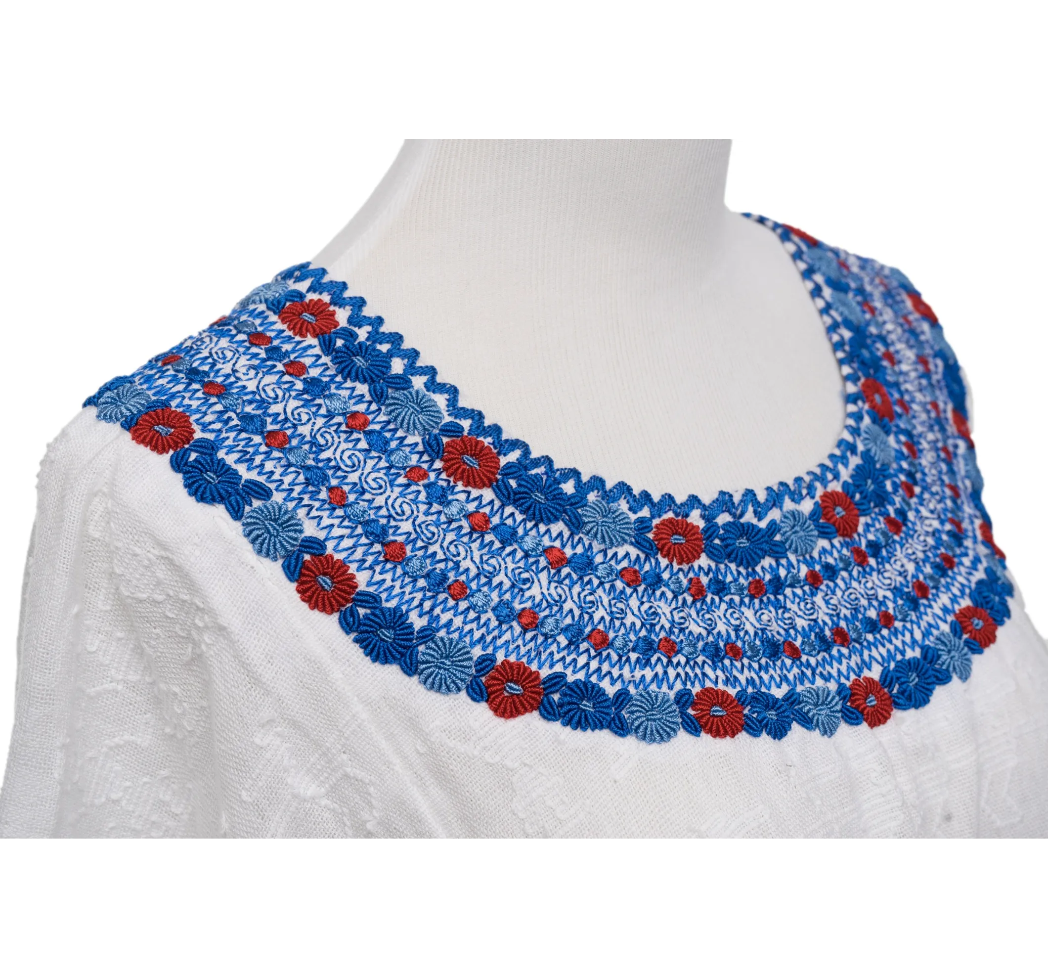 Evelyn Embroidered Guatemalan Top - White, Blue, & Red