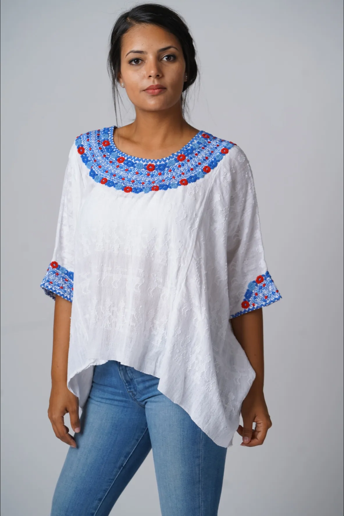 Evelyn Embroidered Guatemalan Top - White, Blue, & Red