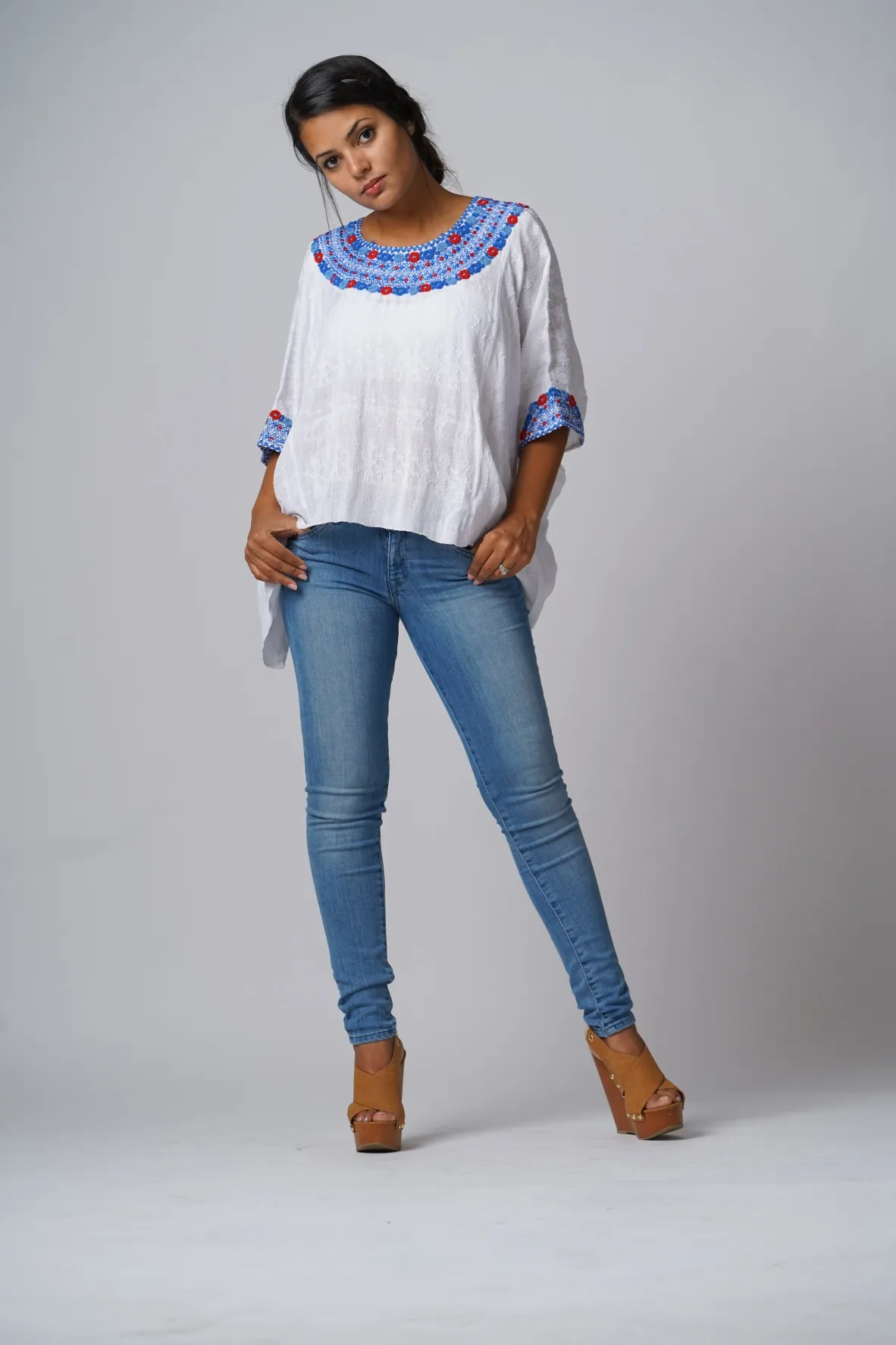 Evelyn Embroidered Guatemalan Top - White, Blue, & Red