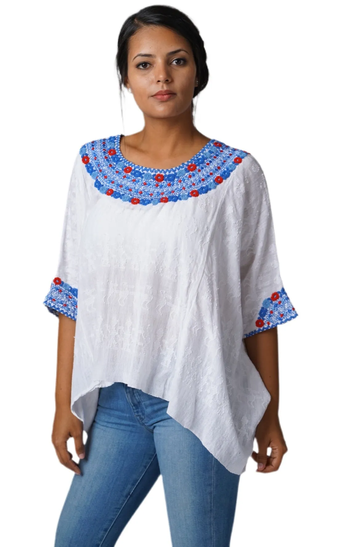 Evelyn Embroidered Guatemalan Top - White, Blue, & Red