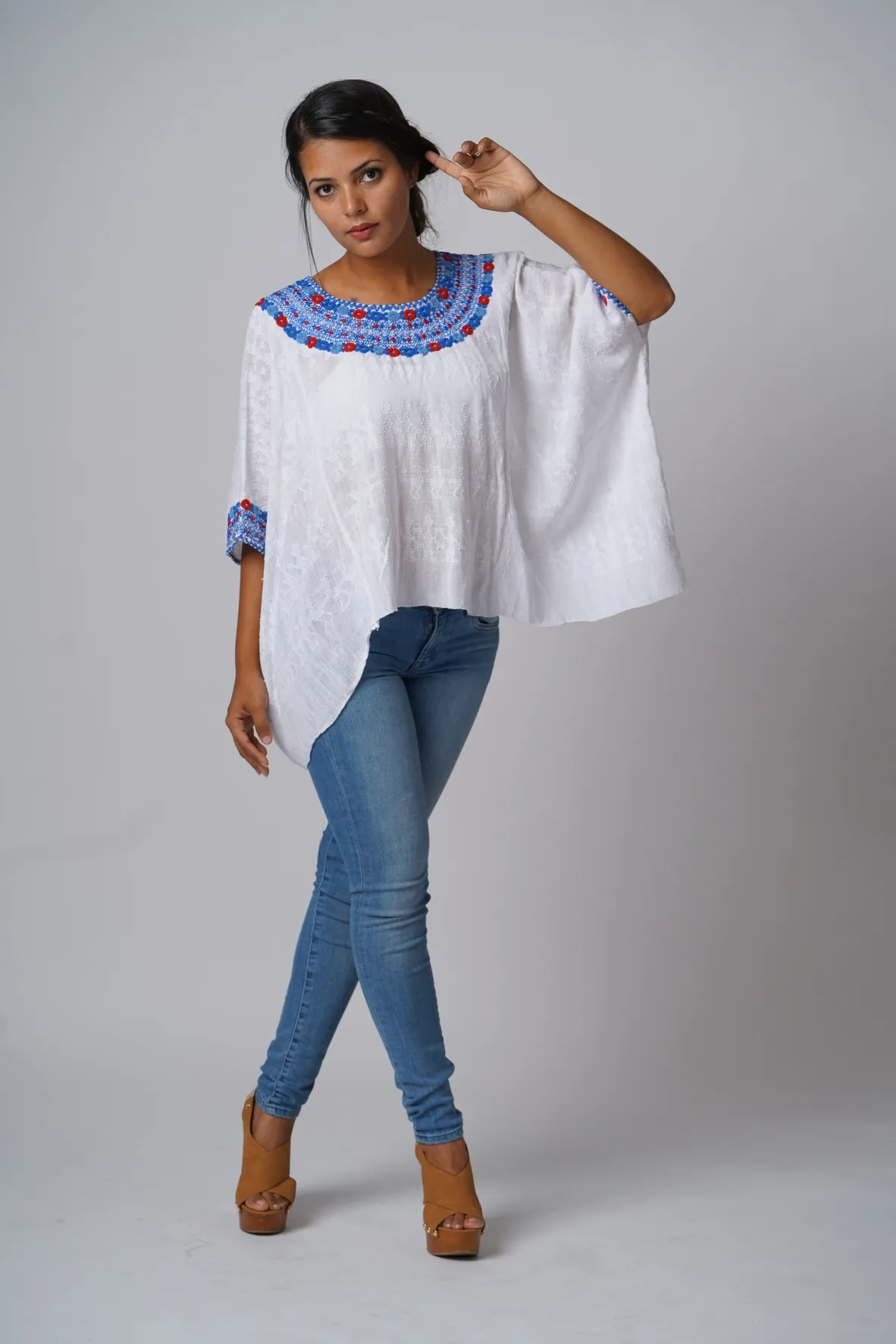 Evelyn Embroidered Guatemalan Top - White, Blue, & Red