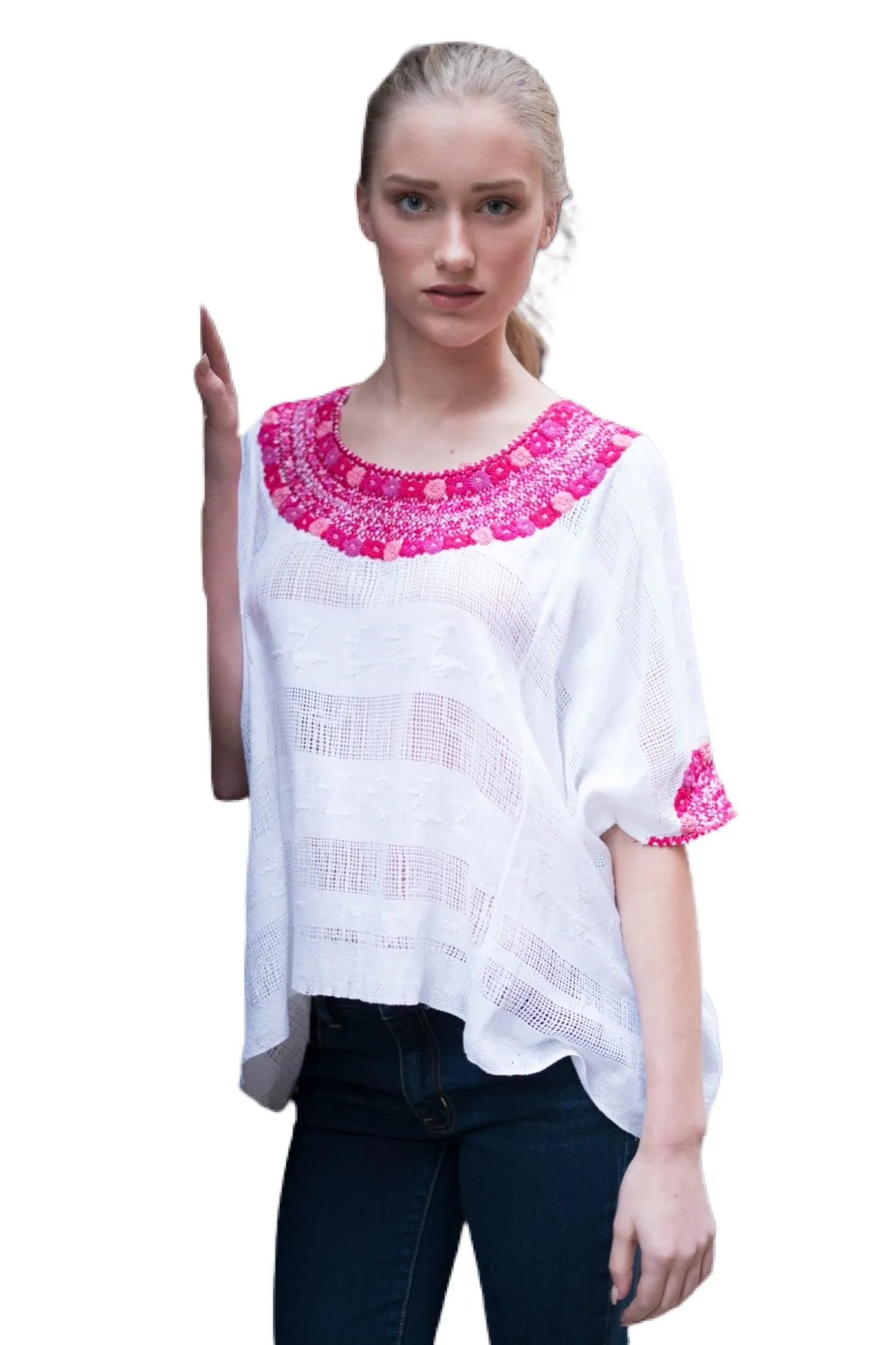 Evelyn Embroidered Guatemalan Top - White, Pink