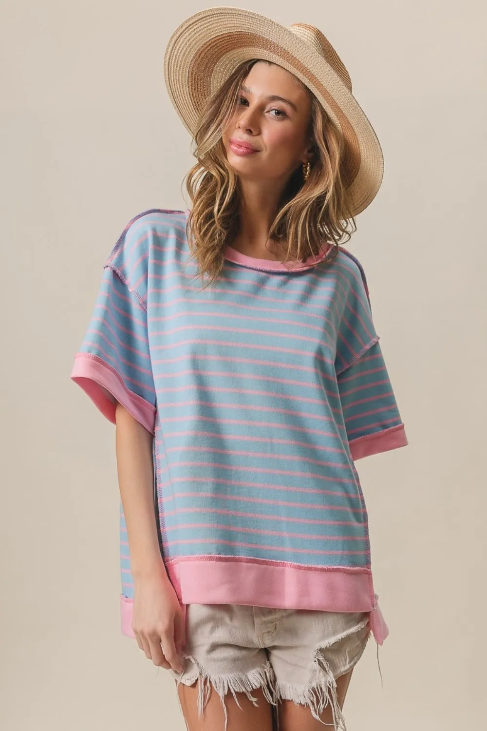 Exposed Seam Stripe Contrast T-Shirt