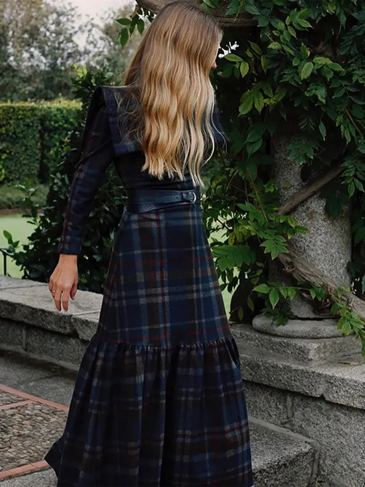 Female Fashion Vintage Plaid Pleated Dresses Elegant Dress