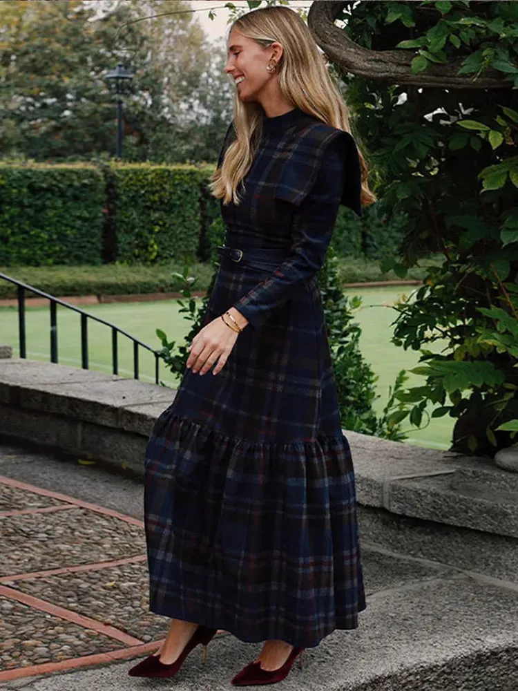 Female Fashion Vintage Plaid Pleated Dresses Elegant Dress