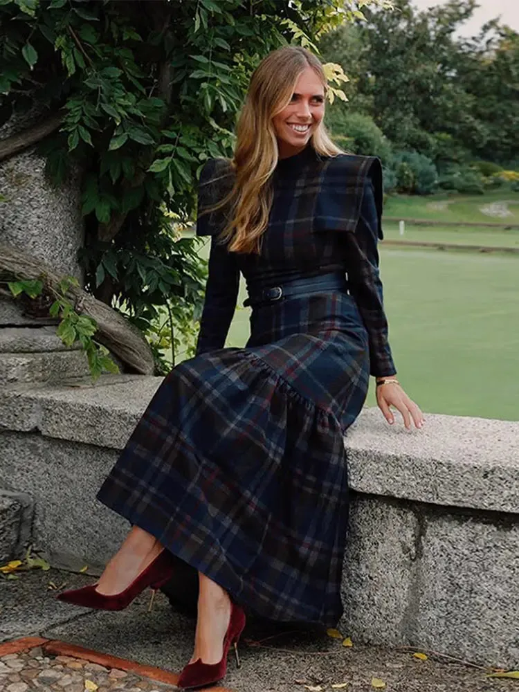 Female Fashion Vintage Plaid Pleated Dresses Elegant Dress