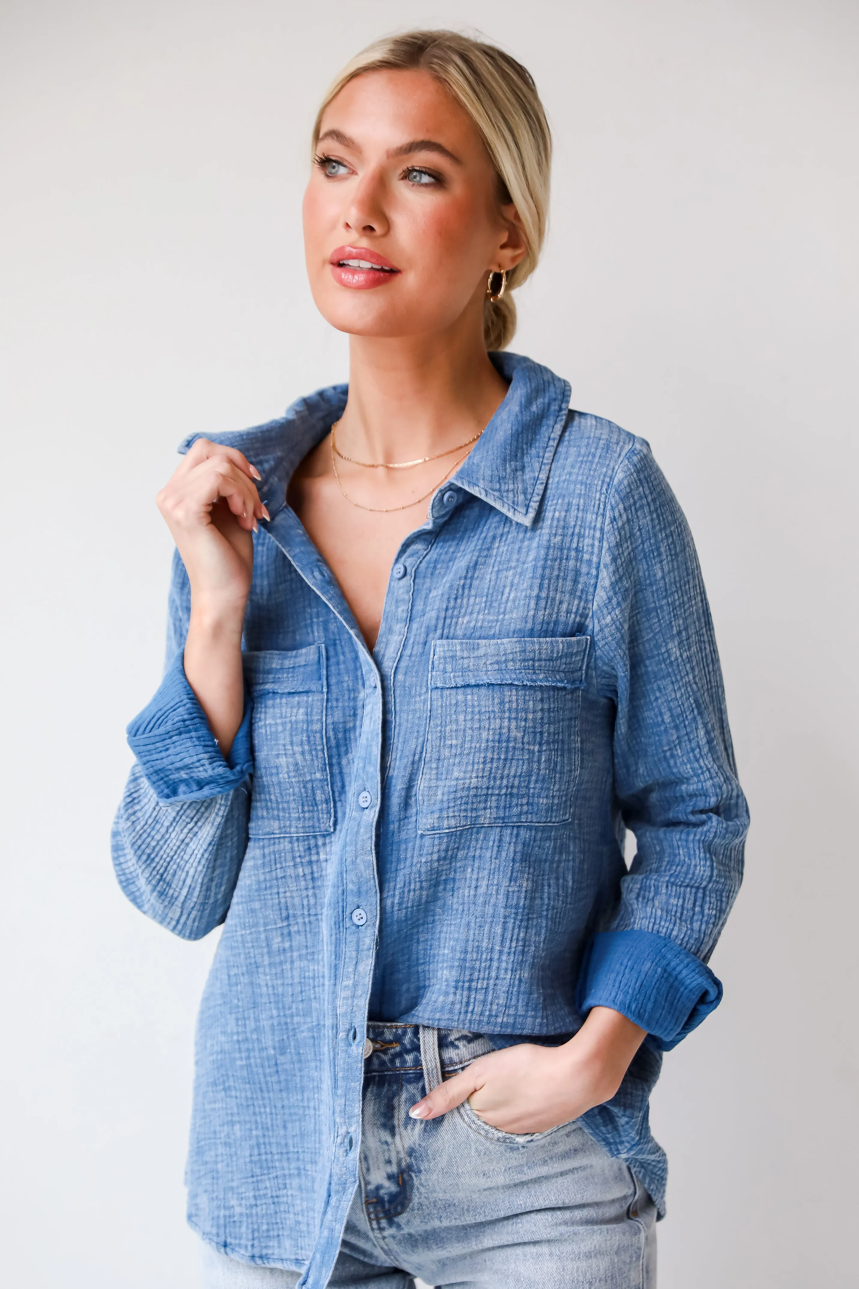 FINAL SALE - Morgan Denim Linen Button-Up Blouse - DU DEAL