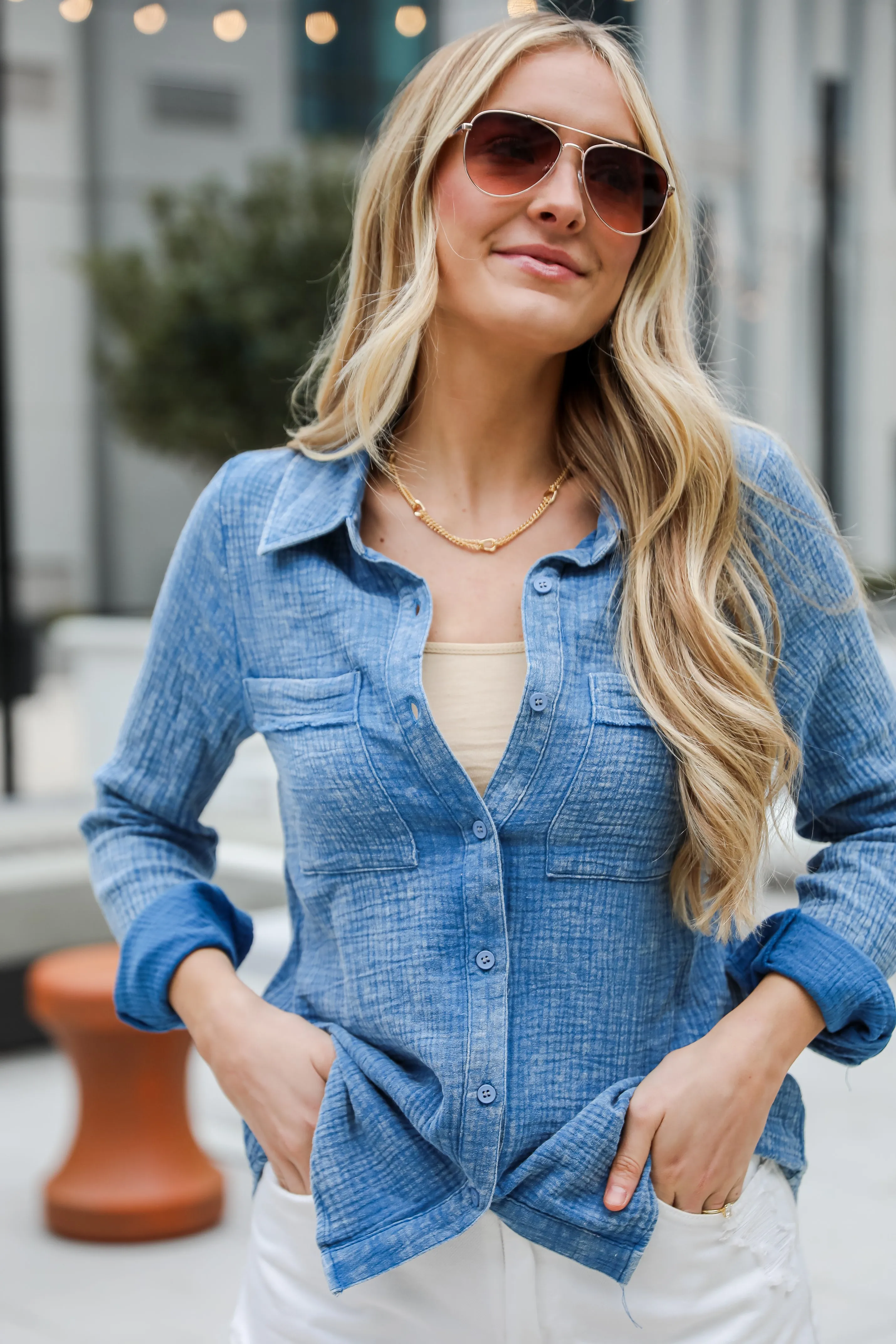 FINAL SALE - Morgan Denim Linen Button-Up Blouse - DU DEAL