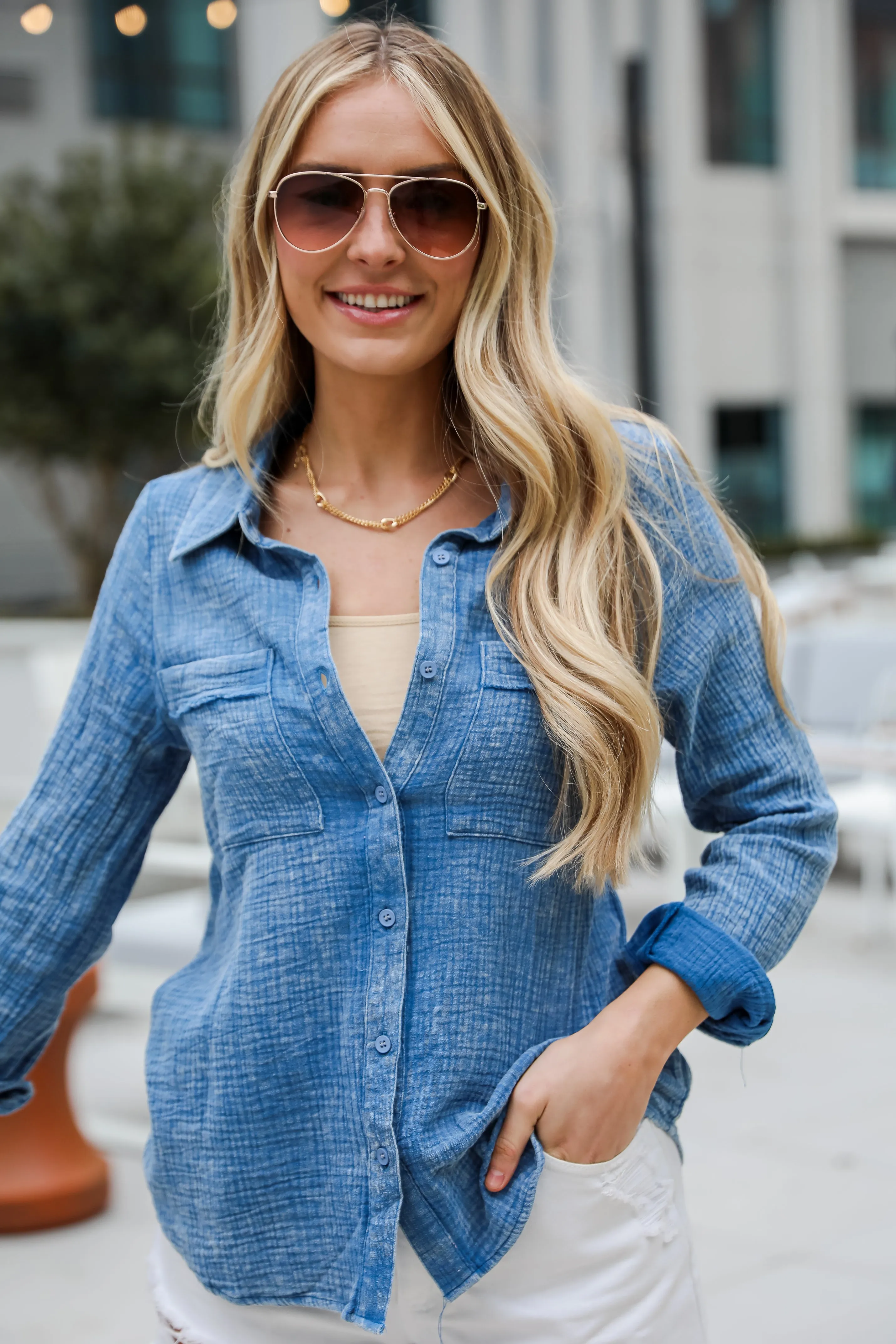 FINAL SALE - Morgan Denim Linen Button-Up Blouse - DU DEAL