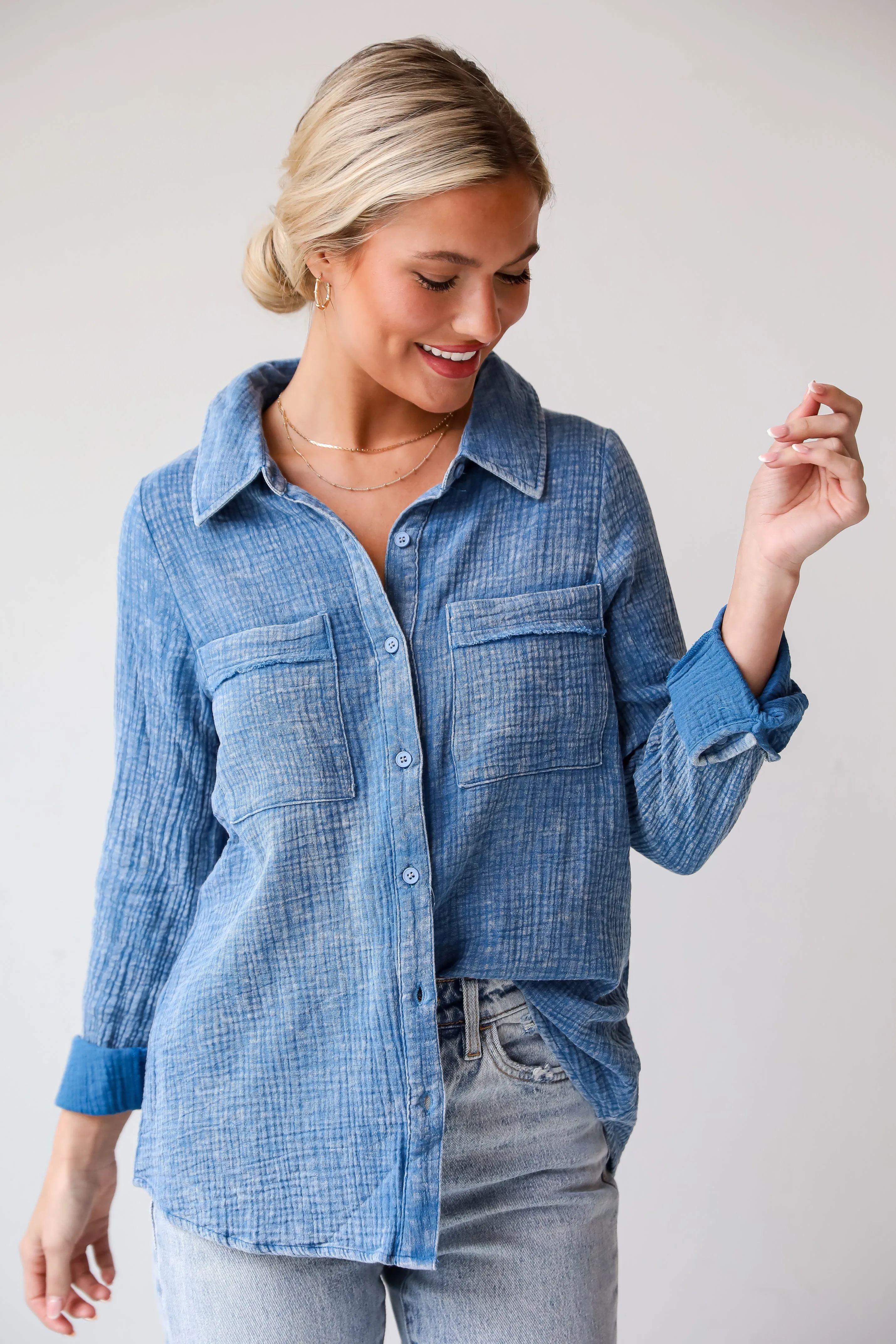 FINAL SALE - Morgan Denim Linen Button-Up Blouse - DU DEAL