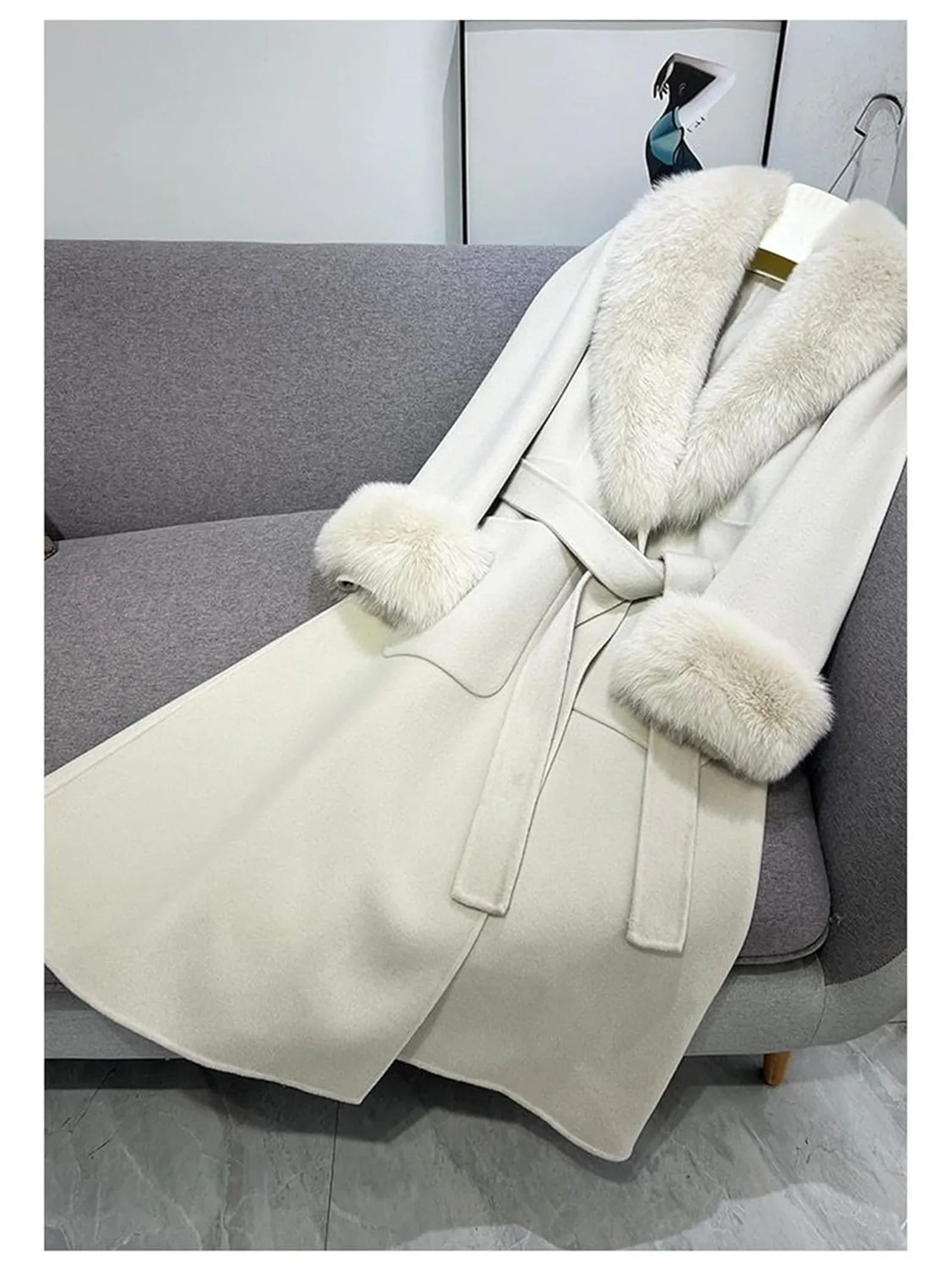 FURINFASHION HU-05 Winter New Style Real Fox Fur Detachable Large Collar Warm Women's Fur Coat And Double-Sided Woolen Coat.