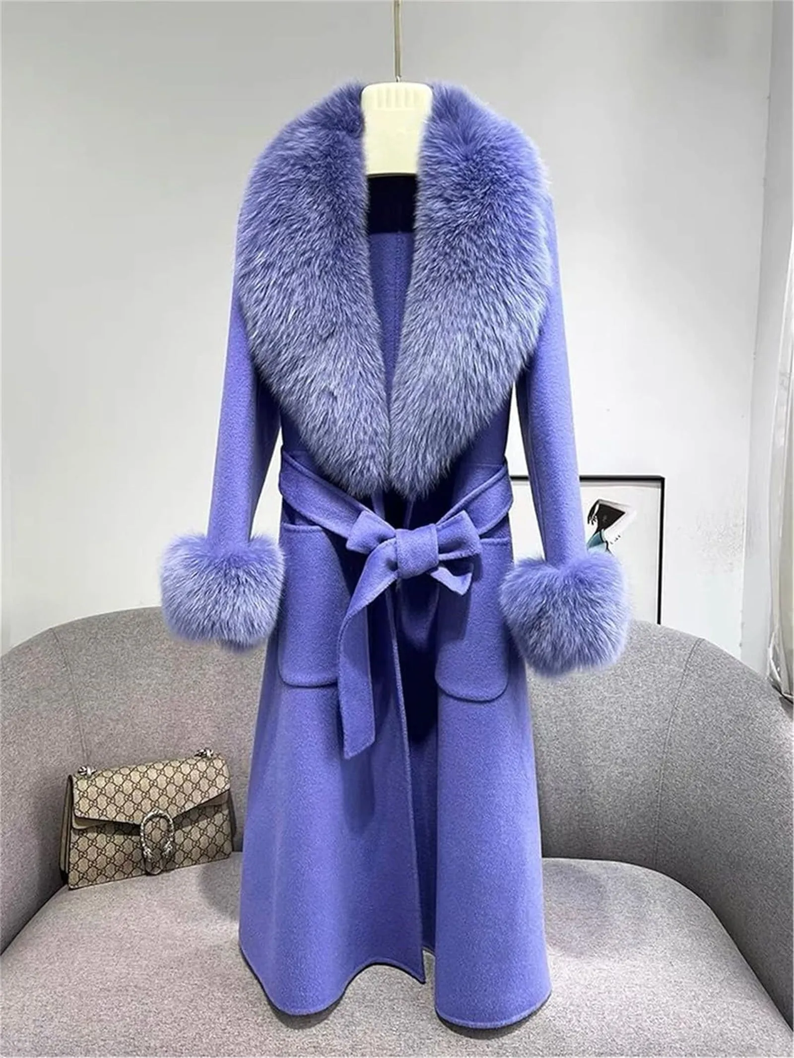 FURINFASHION HU-05 Winter New Style Real Fox Fur Detachable Large Collar Warm Women's Fur Coat And Double-Sided Woolen Coat.