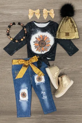 Gold & Black Sunflower Distressed Denim Set