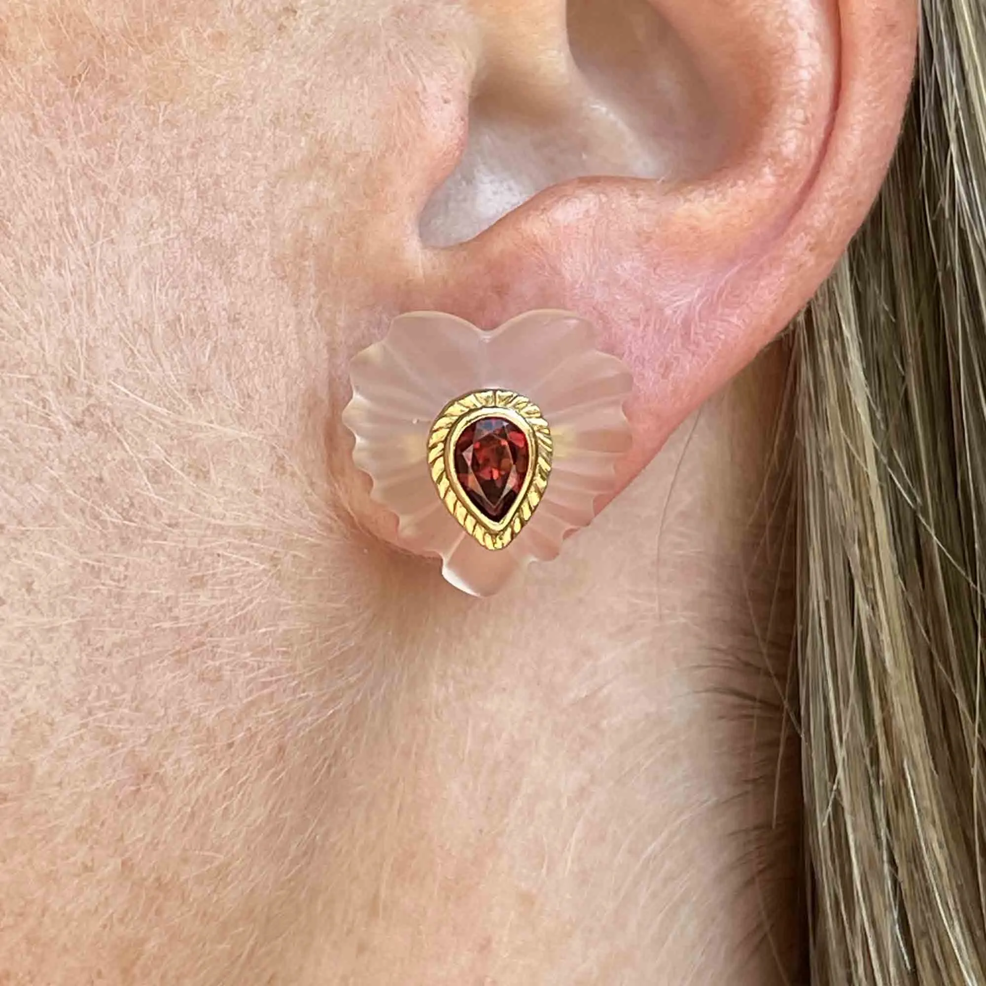 Gold Frosted Rock Crystal Garnet Heart Post Earrings