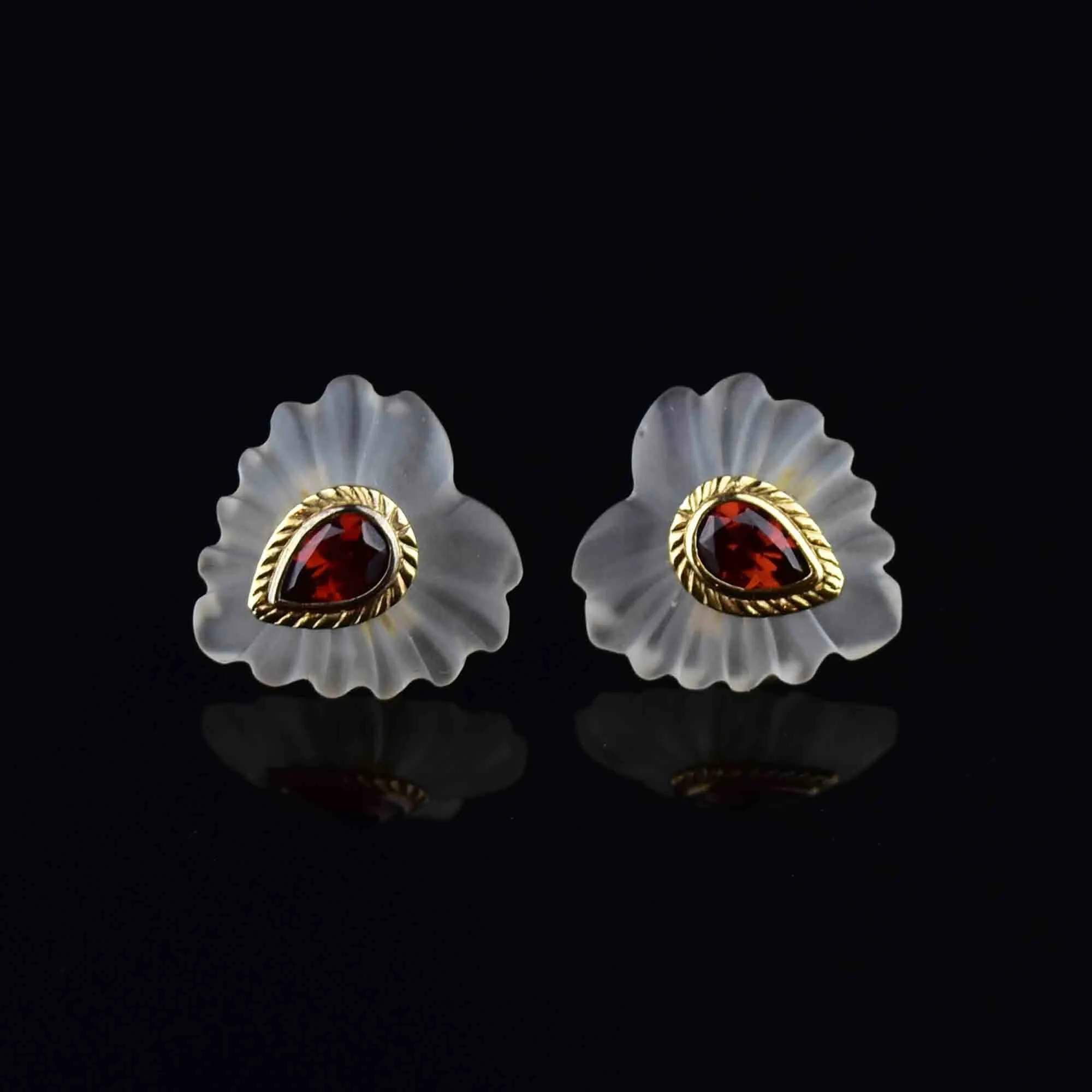 Gold Frosted Rock Crystal Garnet Heart Post Earrings