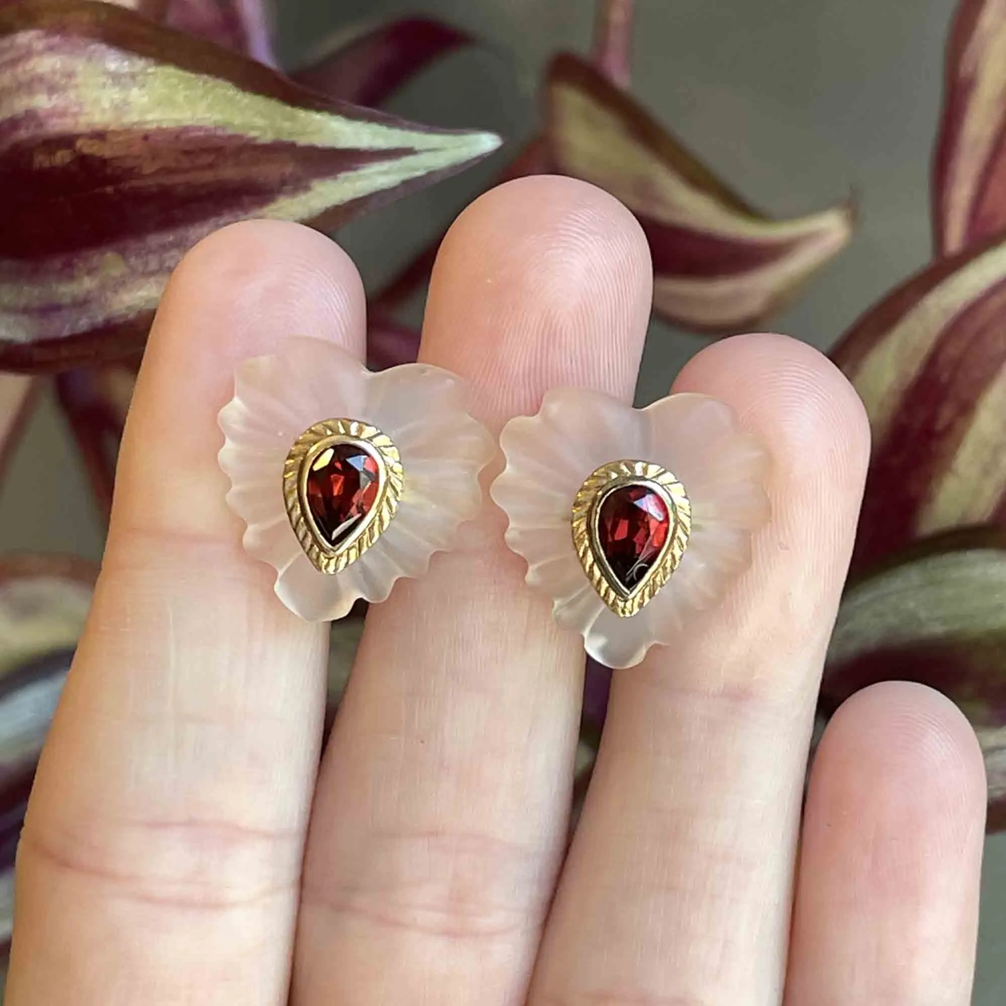 Gold Frosted Rock Crystal Garnet Heart Post Earrings