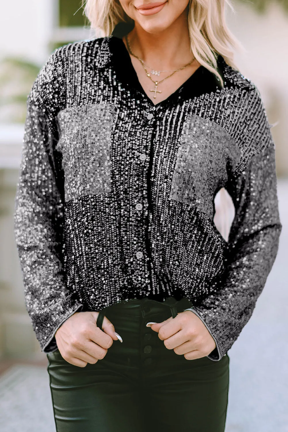 Gray Sequin Color Block Patch Pocket Shirt