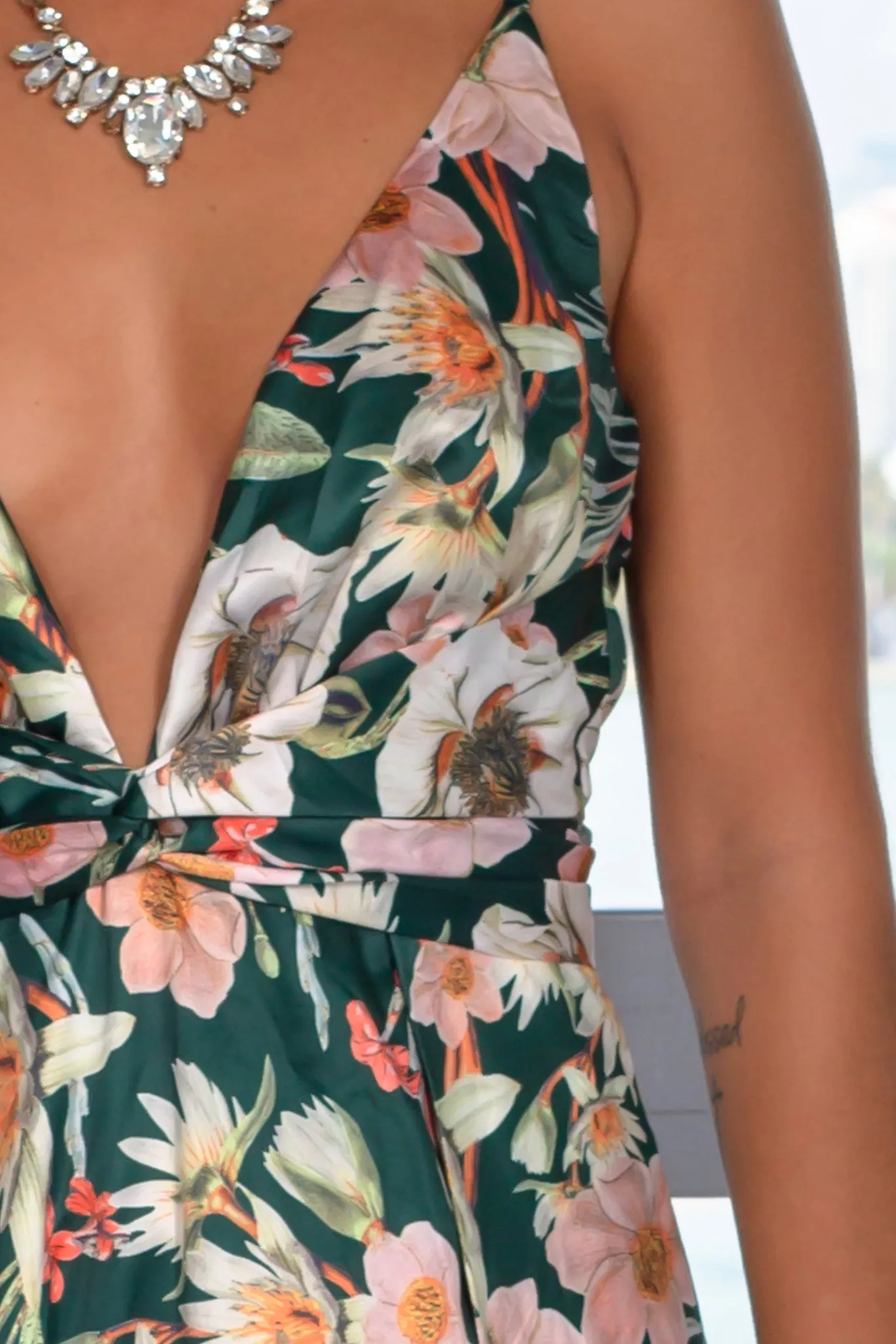 Green Floral Maxi Dress with Slits