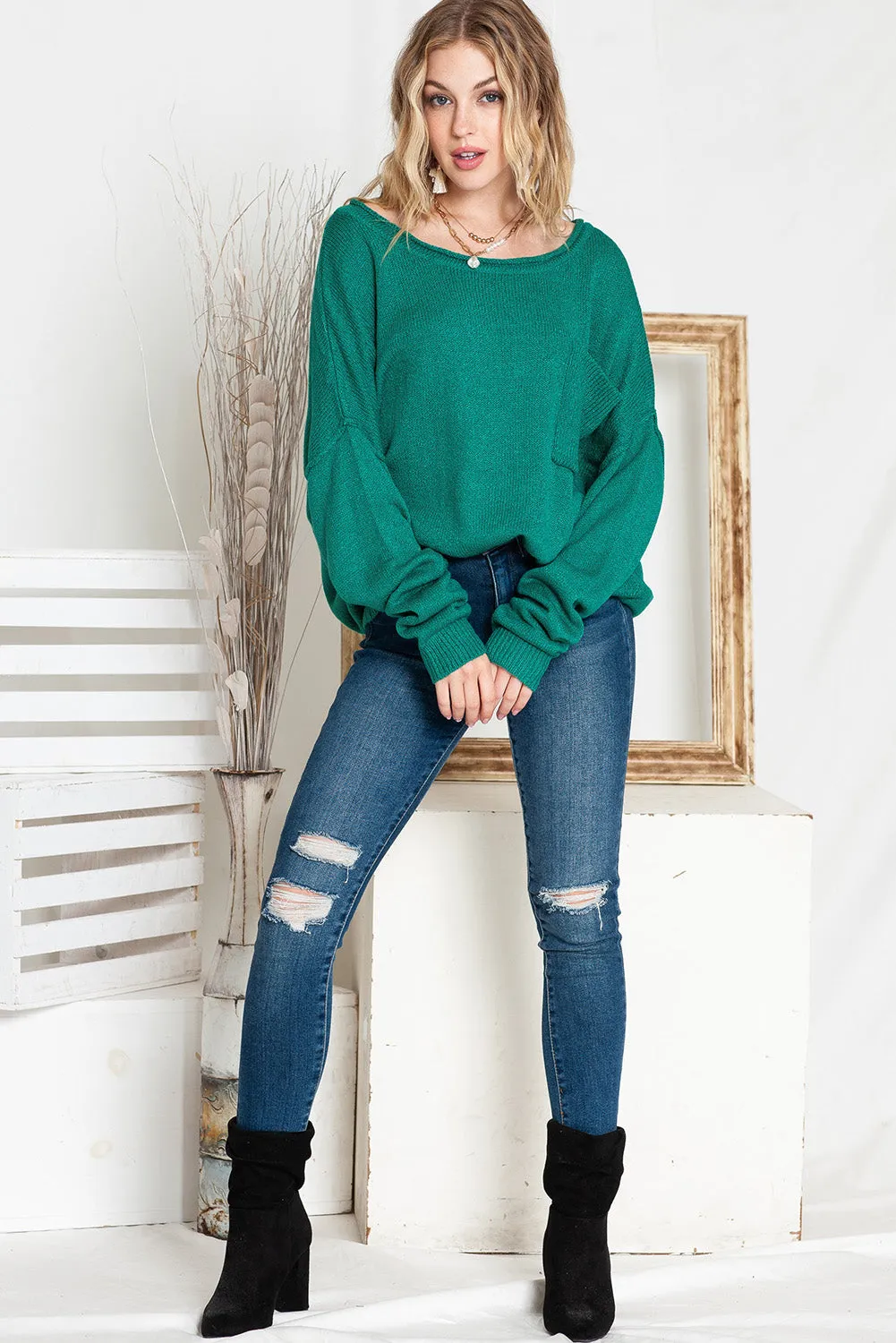 Green Solid Color Drop Shoulder Knitted Pullover Sweater