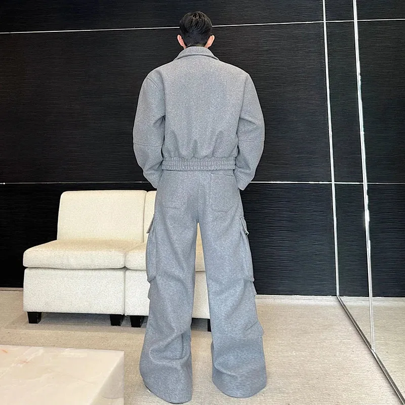 Grey Color Turn-down Collar Pants Set