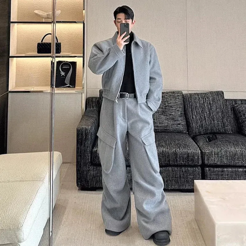 Grey Color Turn-down Collar Pants Set