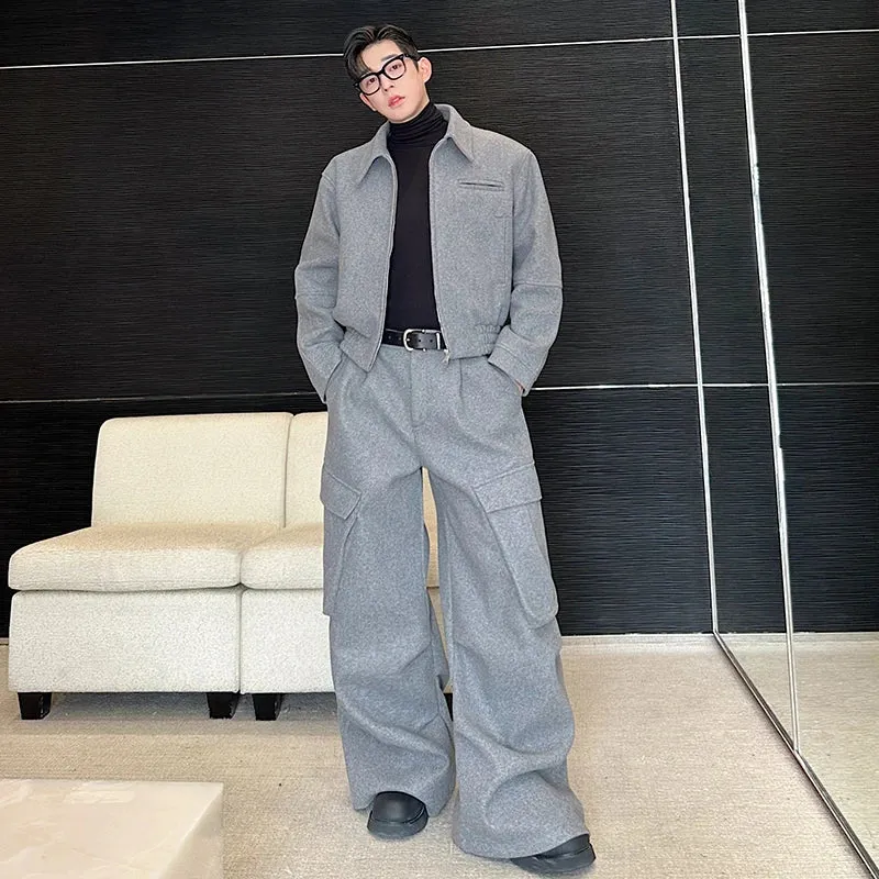 Grey Color Turn-down Collar Pants Set