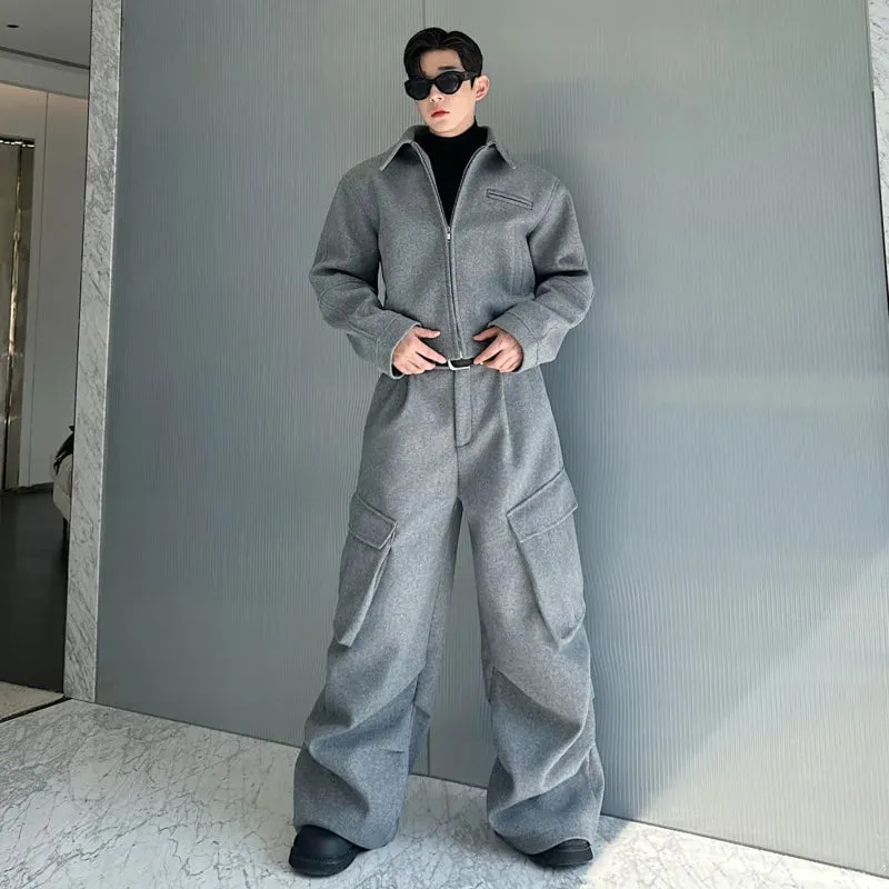 Grey Color Turn-down Collar Pants Set