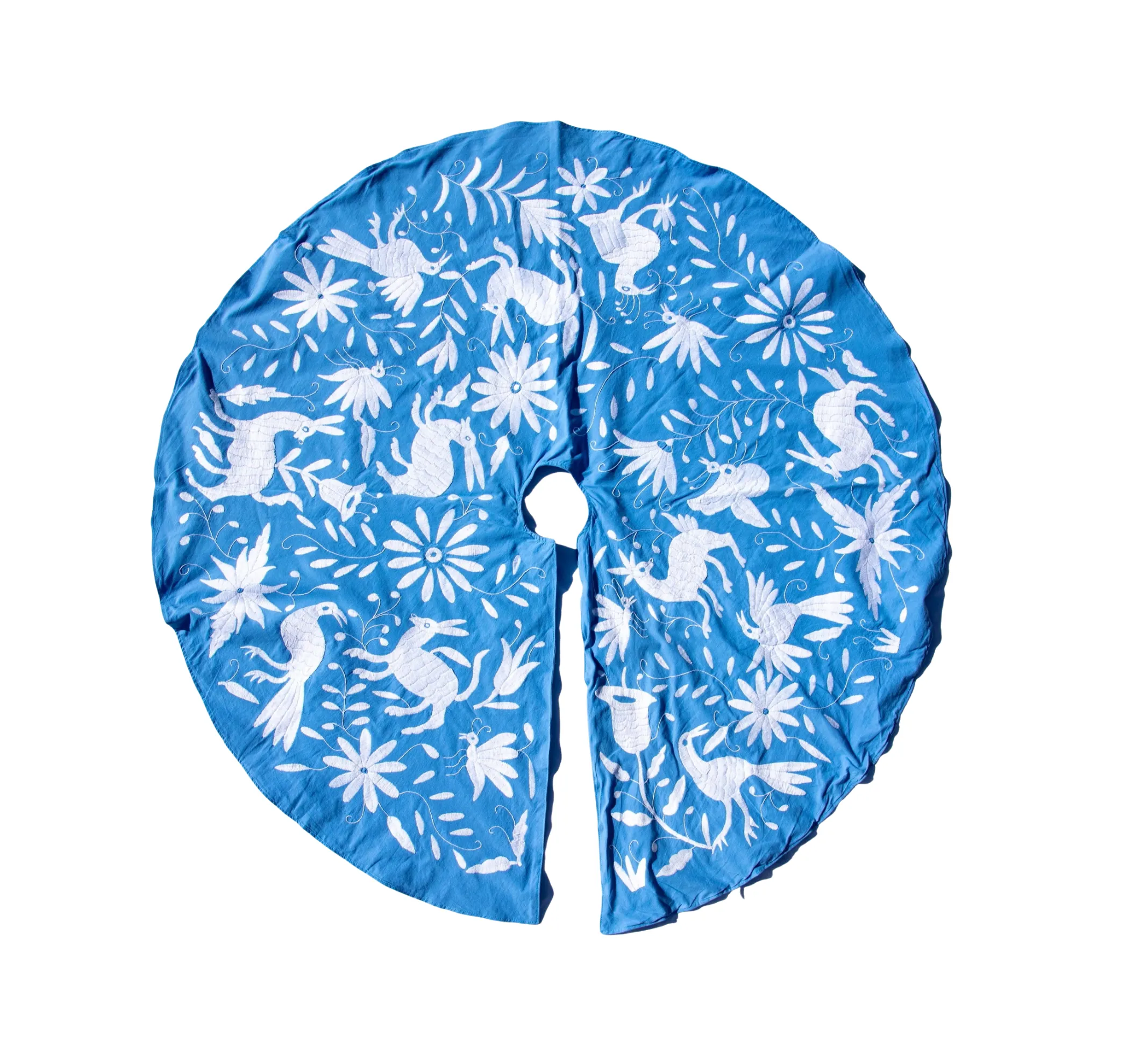 Hand-Embroidered Otomi Christmas Tree Skirt from Mexico - Blue, White