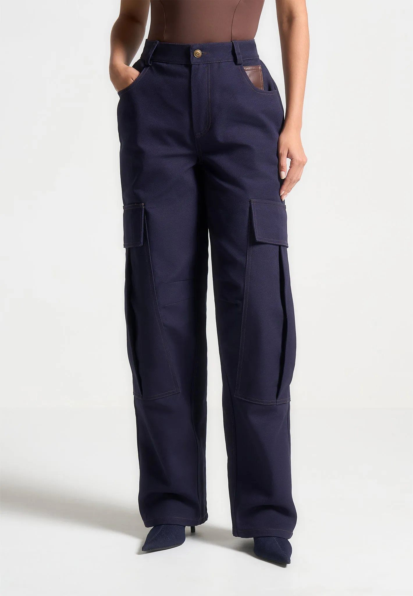 High Rise Drill Cargo Pants - Indigo