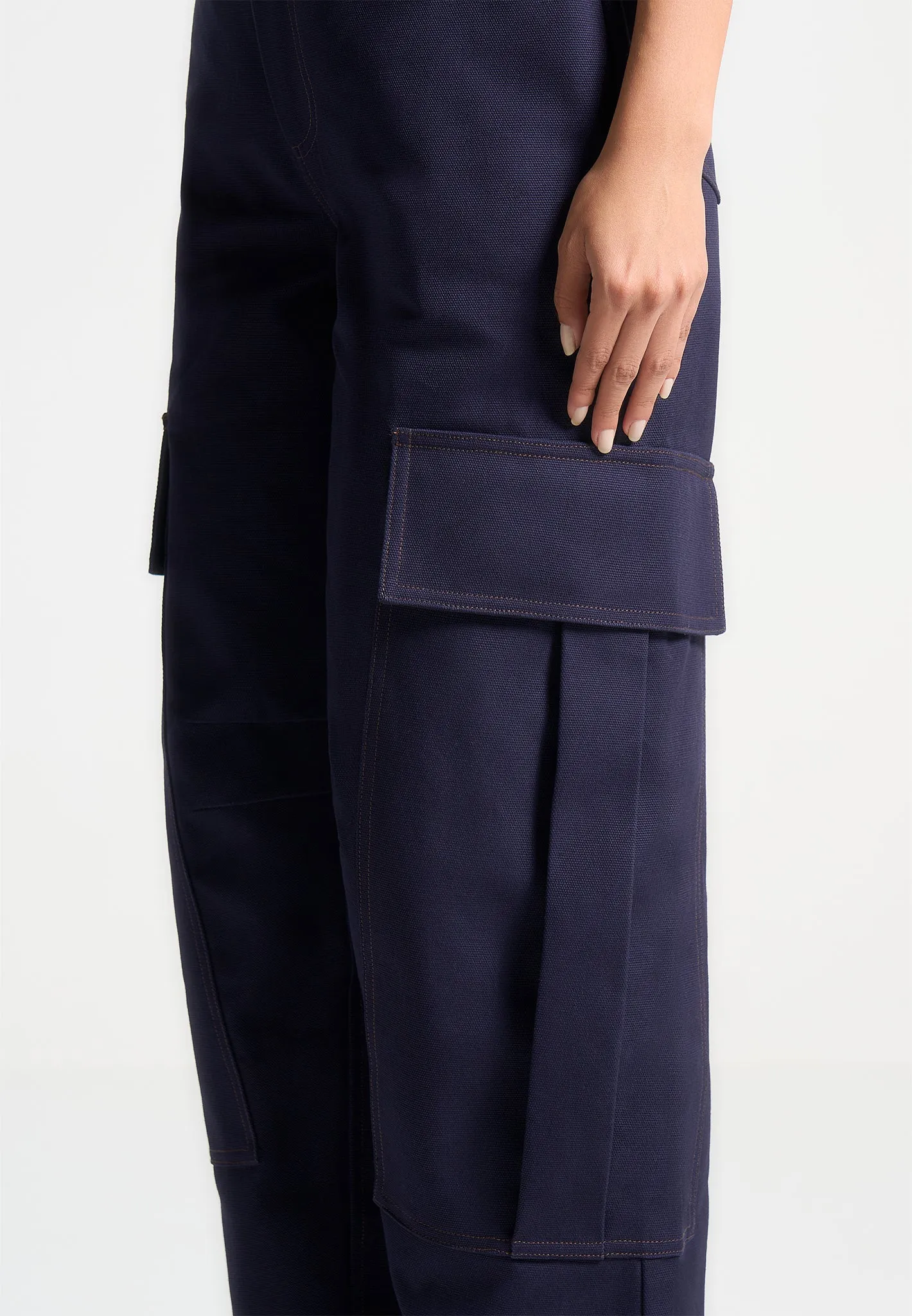 High Rise Drill Cargo Pants - Indigo