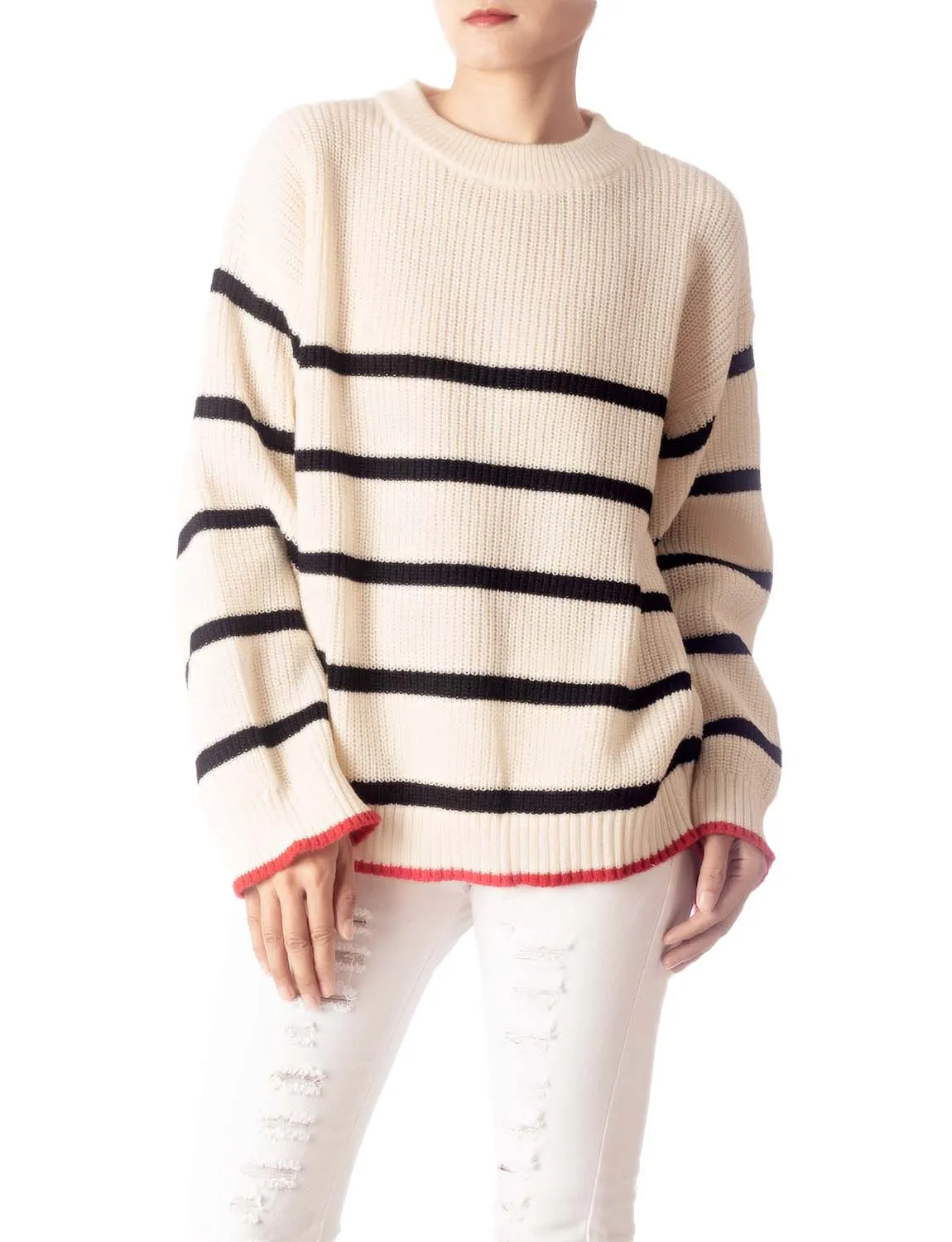 iB-iP Women's Cozy Casual Top Long Sleeve Stripes Lightweight Pullover Sweater