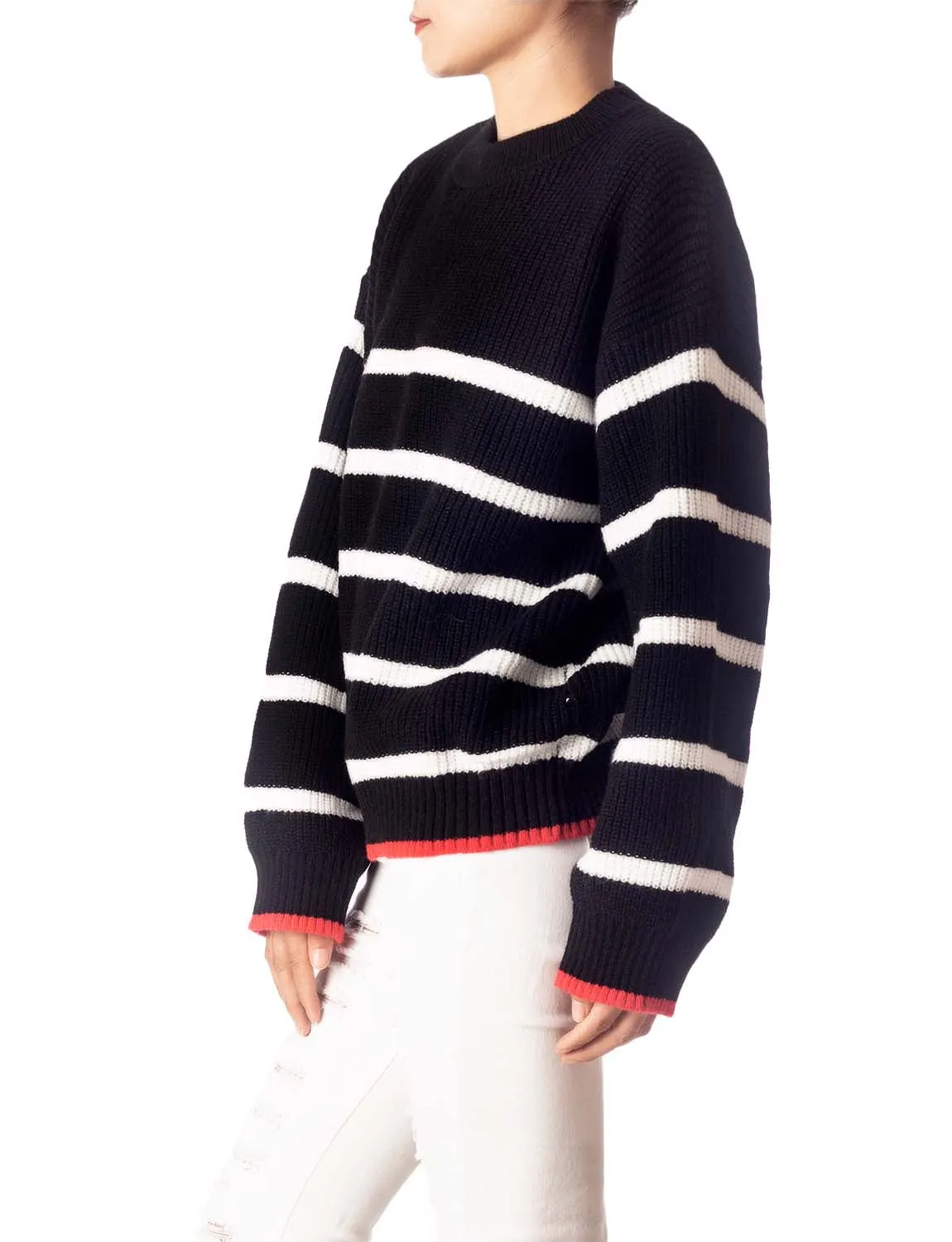 iB-iP Women's Cozy Casual Top Long Sleeve Stripes Lightweight Pullover Sweater