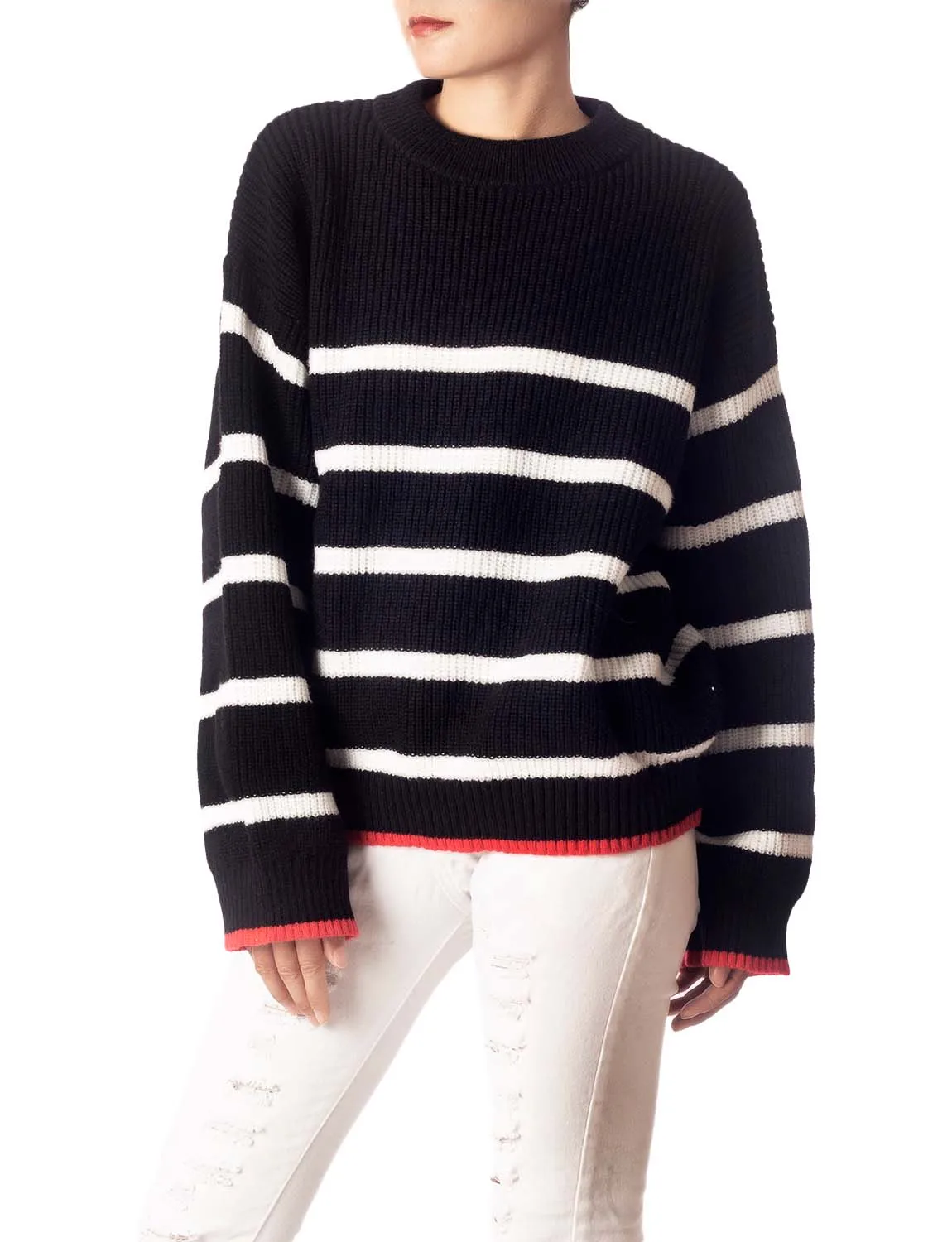 iB-iP Women's Cozy Casual Top Long Sleeve Stripes Lightweight Pullover Sweater