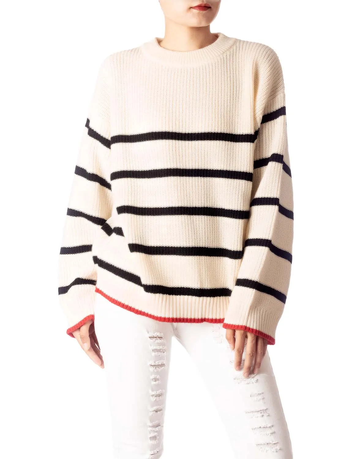 iB-iP Women's Cozy Casual Top Long Sleeve Stripes Lightweight Pullover Sweater