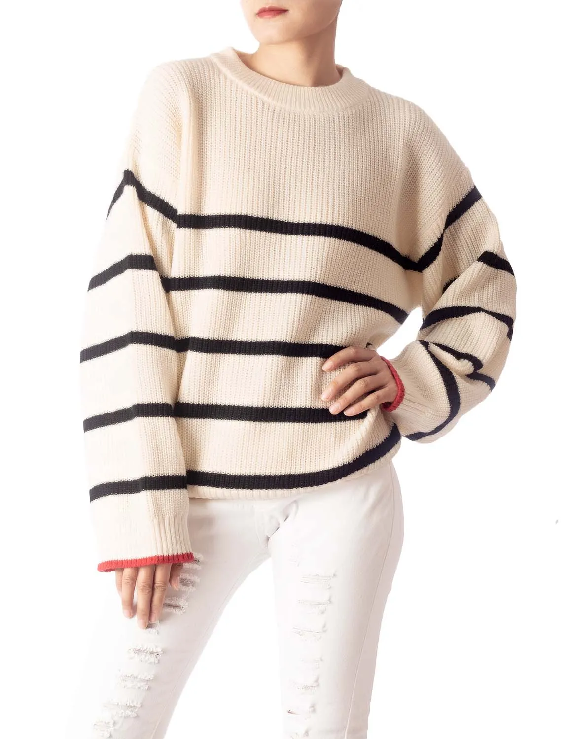 iB-iP Women's Cozy Casual Top Long Sleeve Stripes Lightweight Pullover Sweater