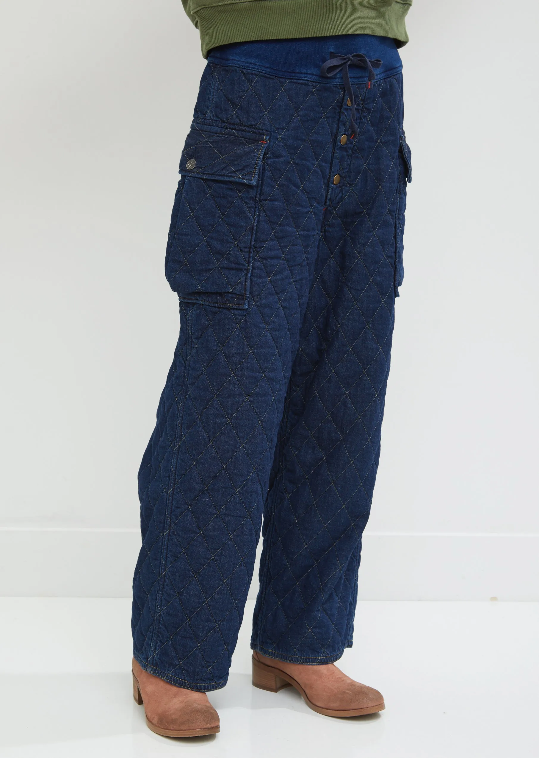 Indigo-Dyed Quilted Cotton Cargo Pants