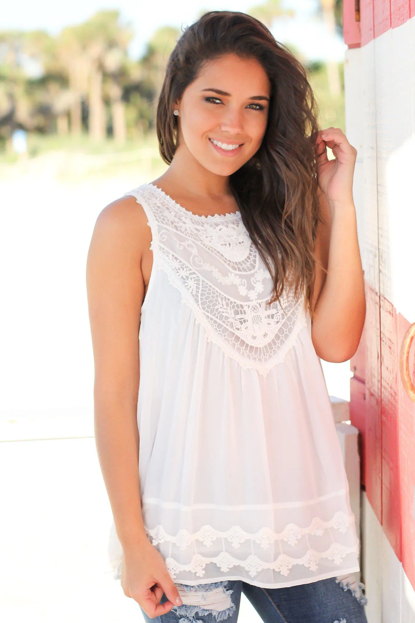 Ivory Chiffon Crochet Top